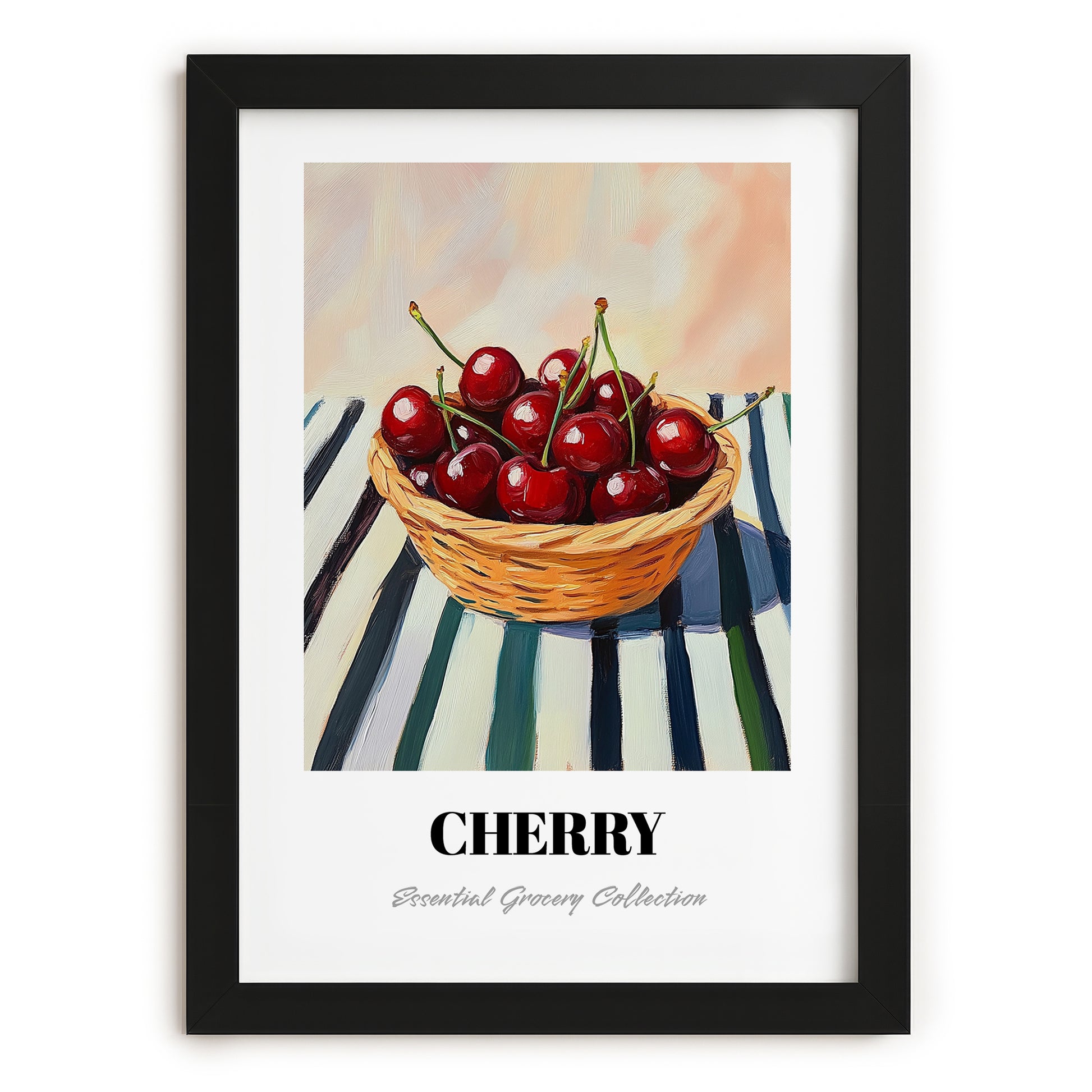 Cherry – on Striped Tablecloth, Fruit Still Life, in sleek black frame