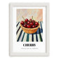 Cherry – on Striped Tablecloth, Fruit Still Life, placed in minimal white frame