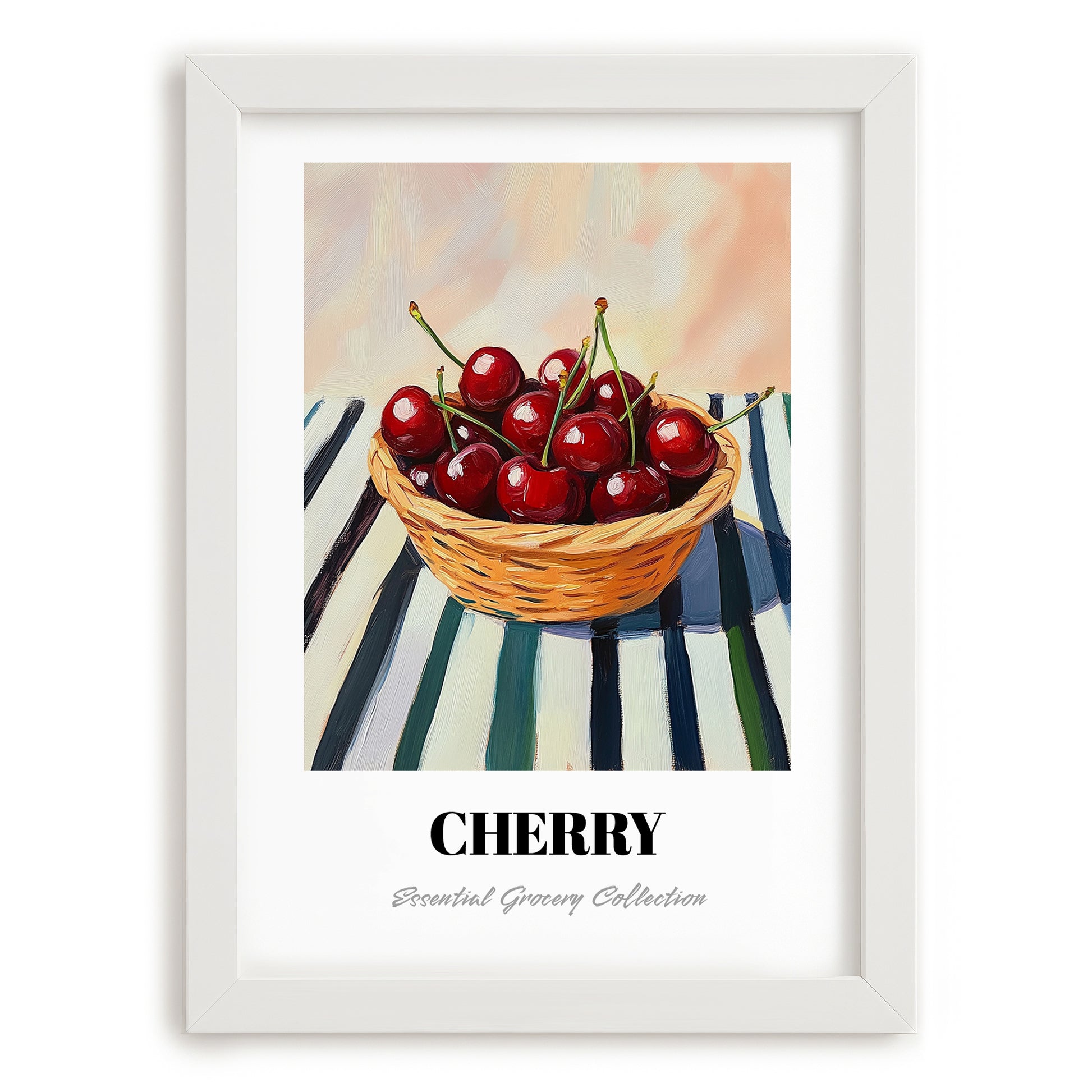 Cherry – on Striped Tablecloth, Fruit Still Life, placed in minimal white frame