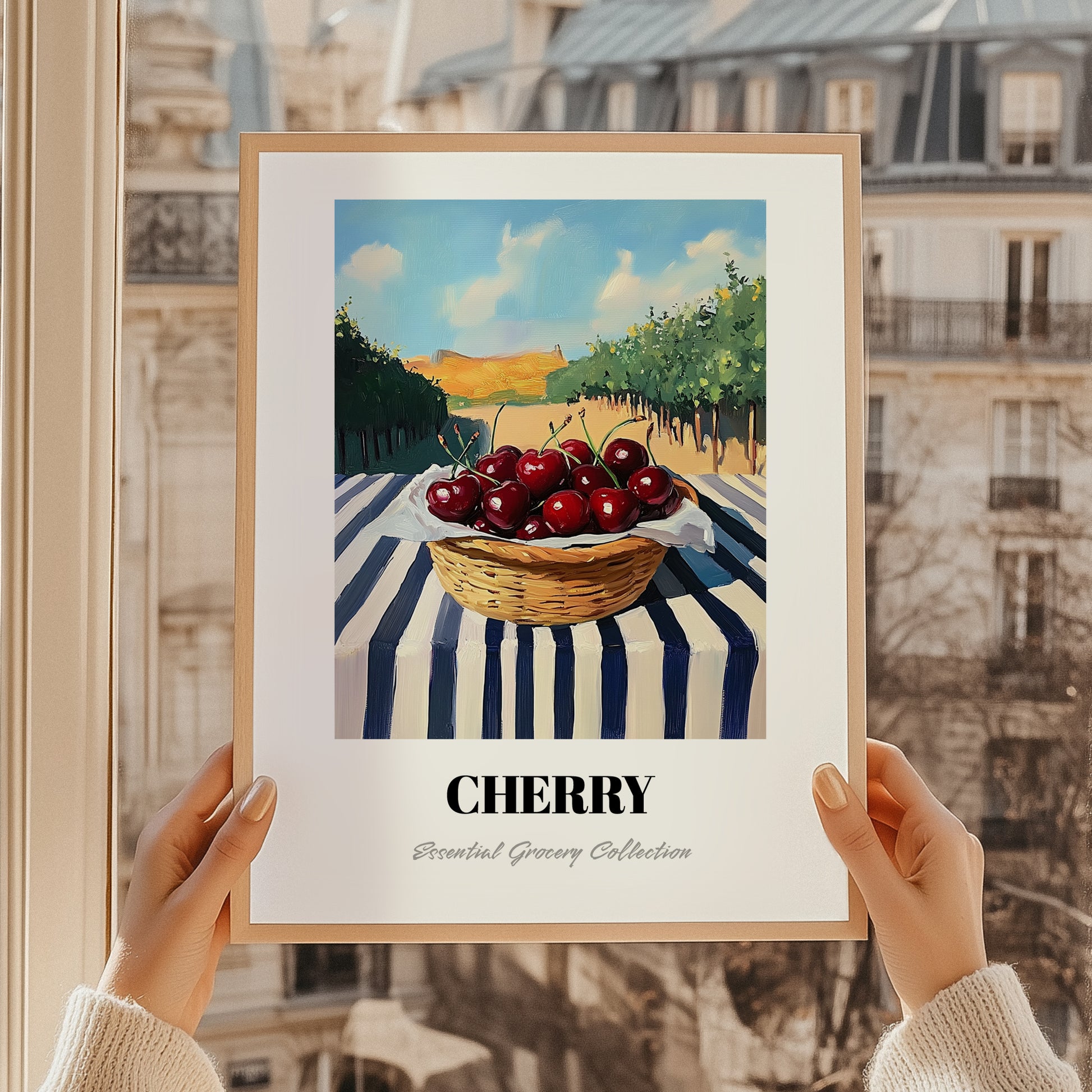 Cherry – Green Valley Landscape, Fruit Poster, styled in a charming Paris street view