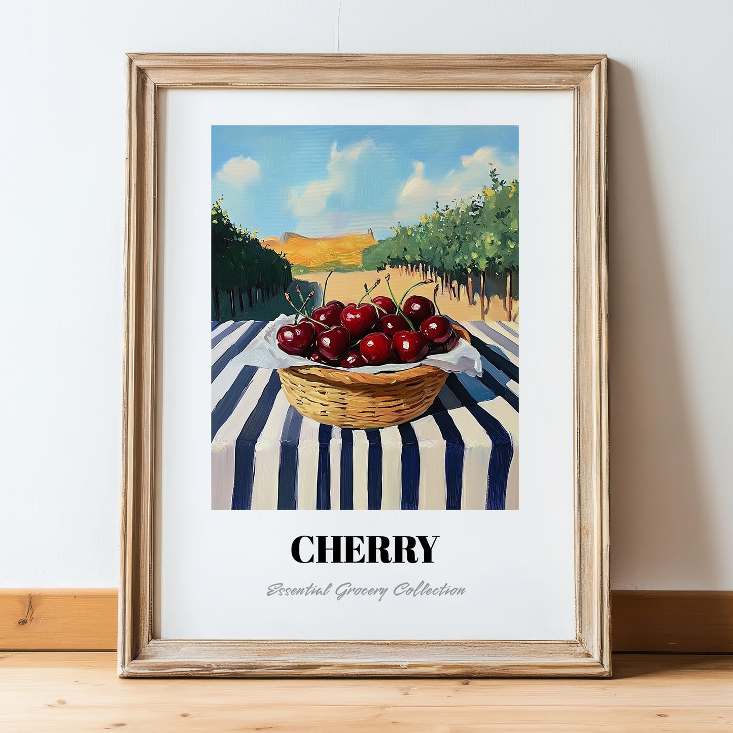 Cherry – Green Valley Landscape, Fruit Poster, in wooden frame leaning on the floor