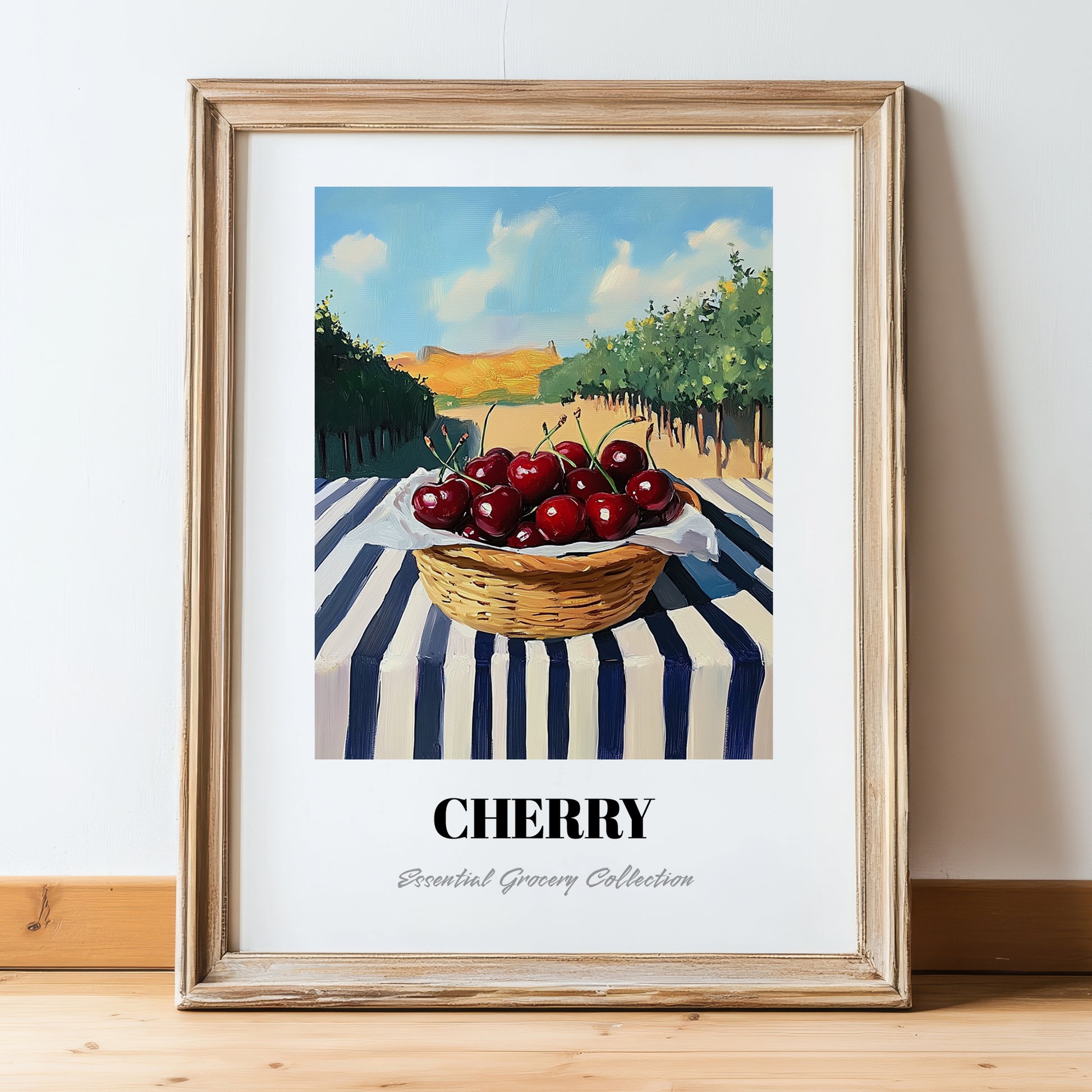 Cherry – Green Valley Landscape, Fruit Poster, in wooden frame leaning on the floor