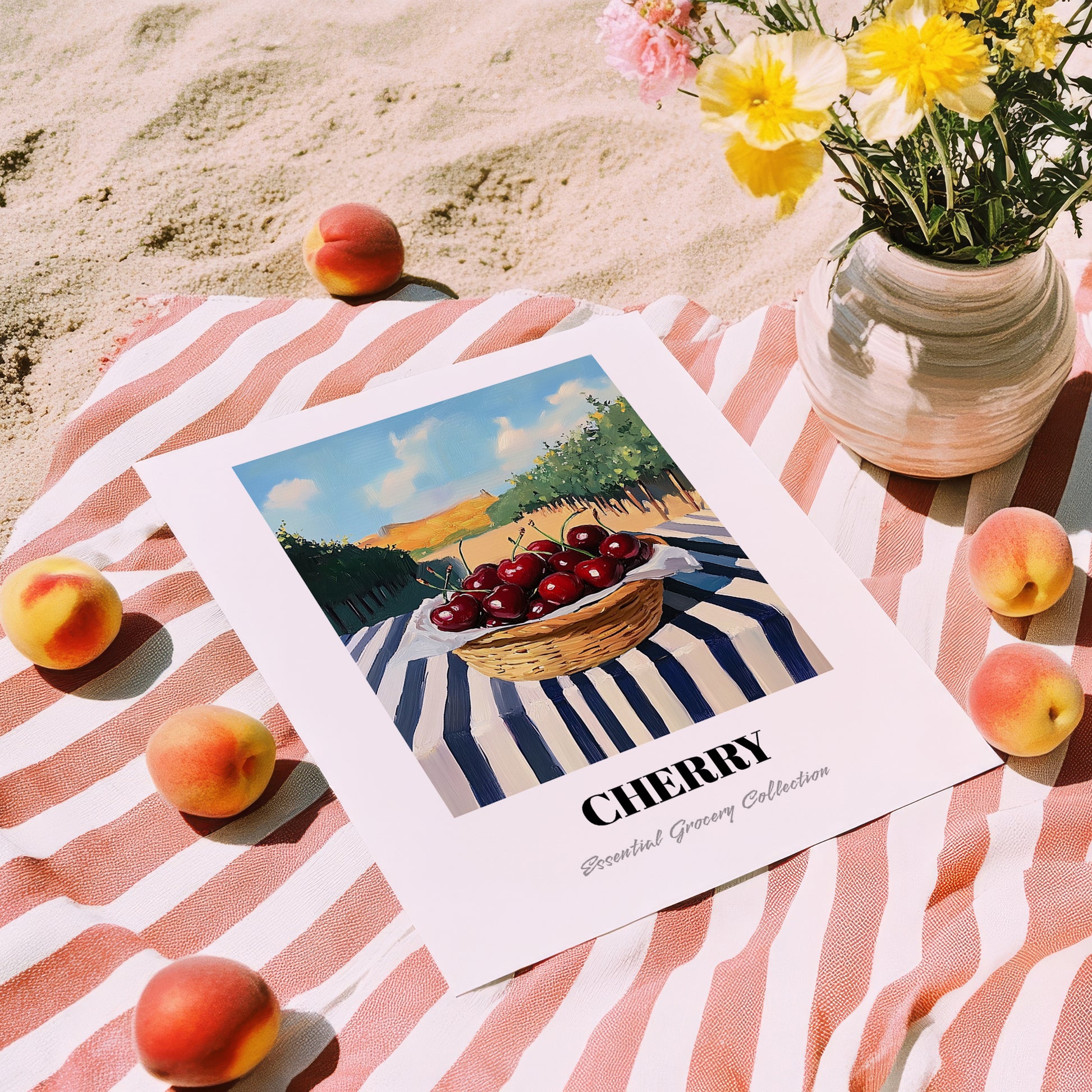 Cherry – Green Valley Landscape, Fruit Poster, unframed on coastal sand