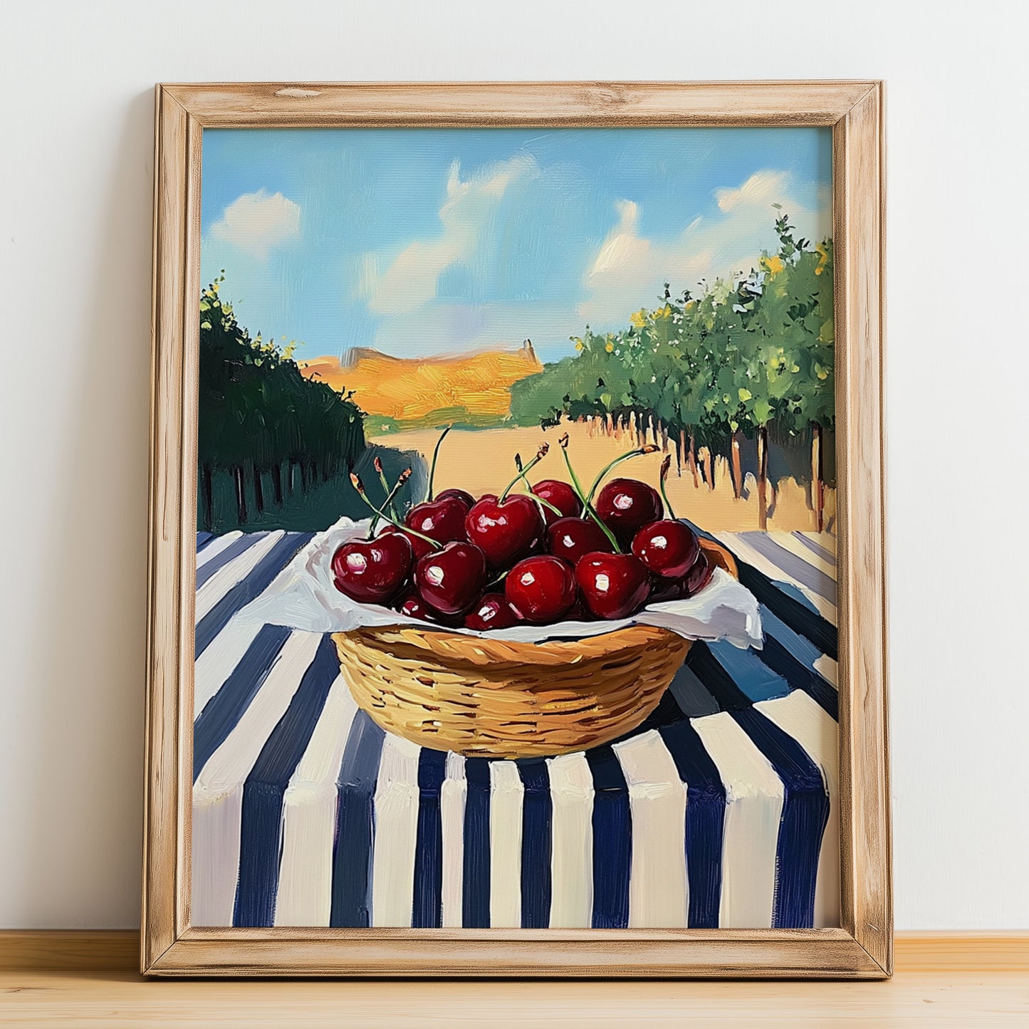 Cherry – Green Valley Landscape, Fruit Poster, no-text version framed in wood