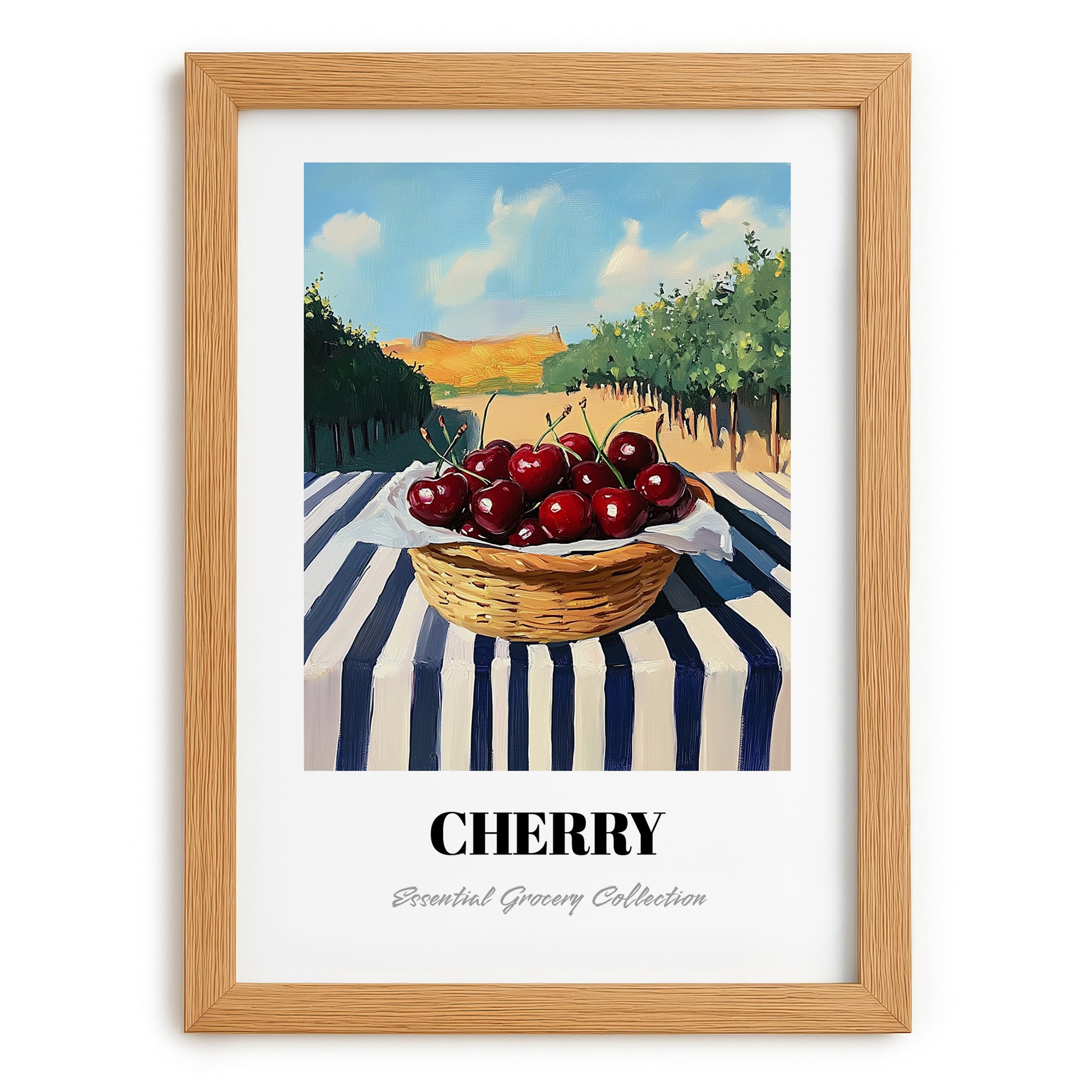 Cherry – Green Valley Landscape, Fruit Poster, set in oak frame