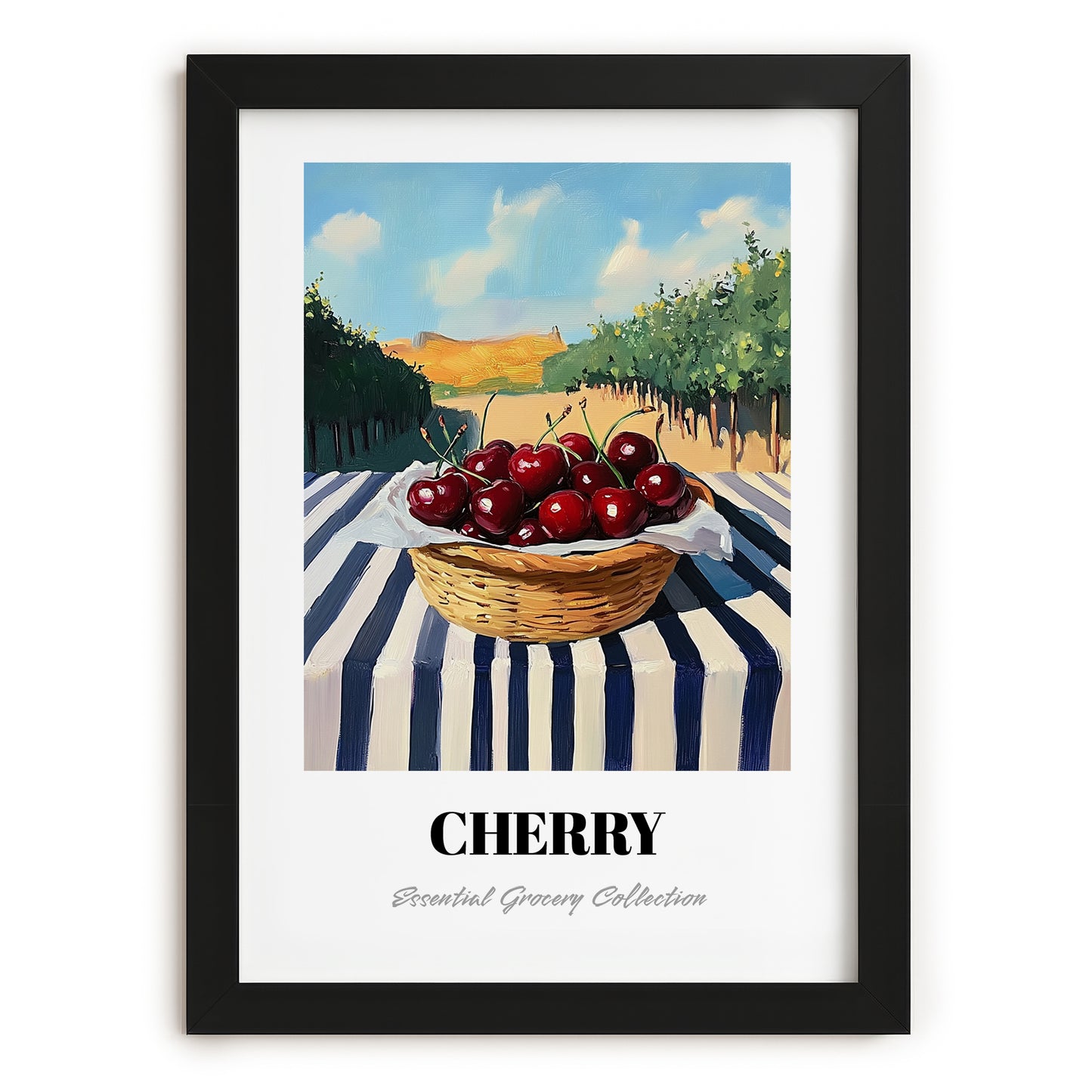 Cherry – Green Valley Landscape, Fruit Poster, in sleek black frame