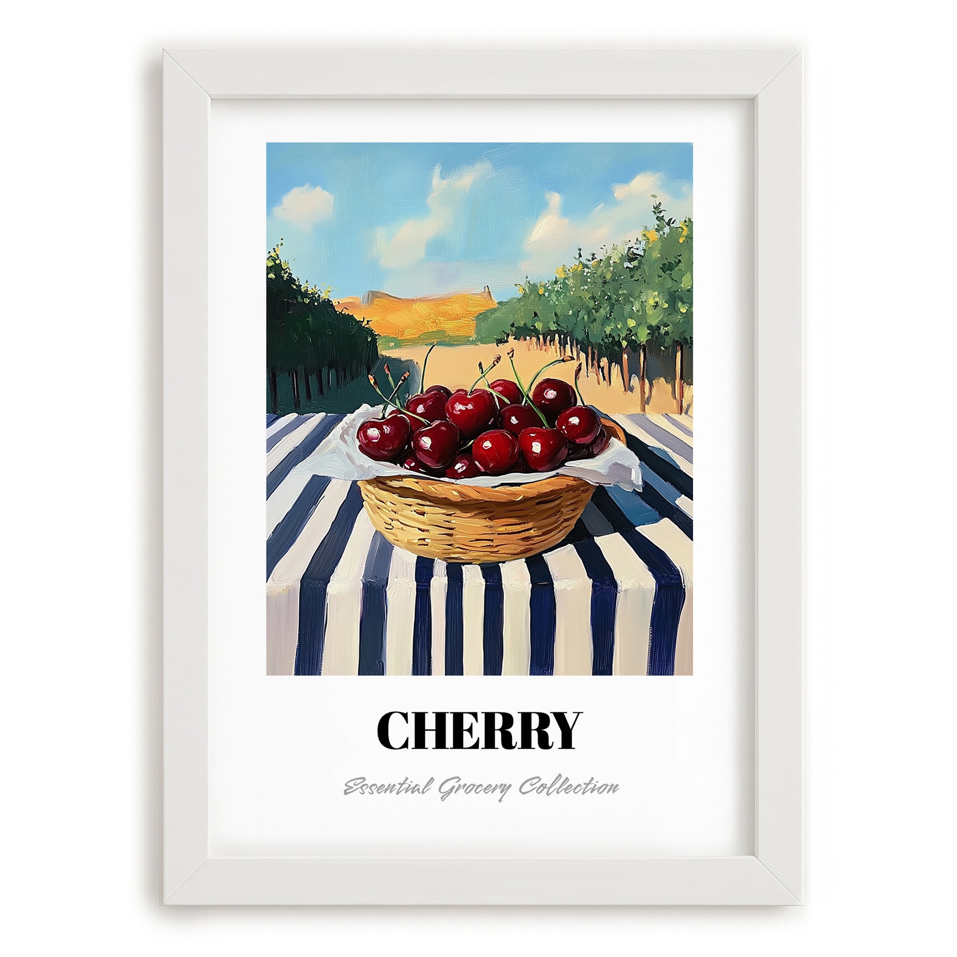 Cherry – Green Valley Landscape, Fruit Poster, placed in minimal white frame