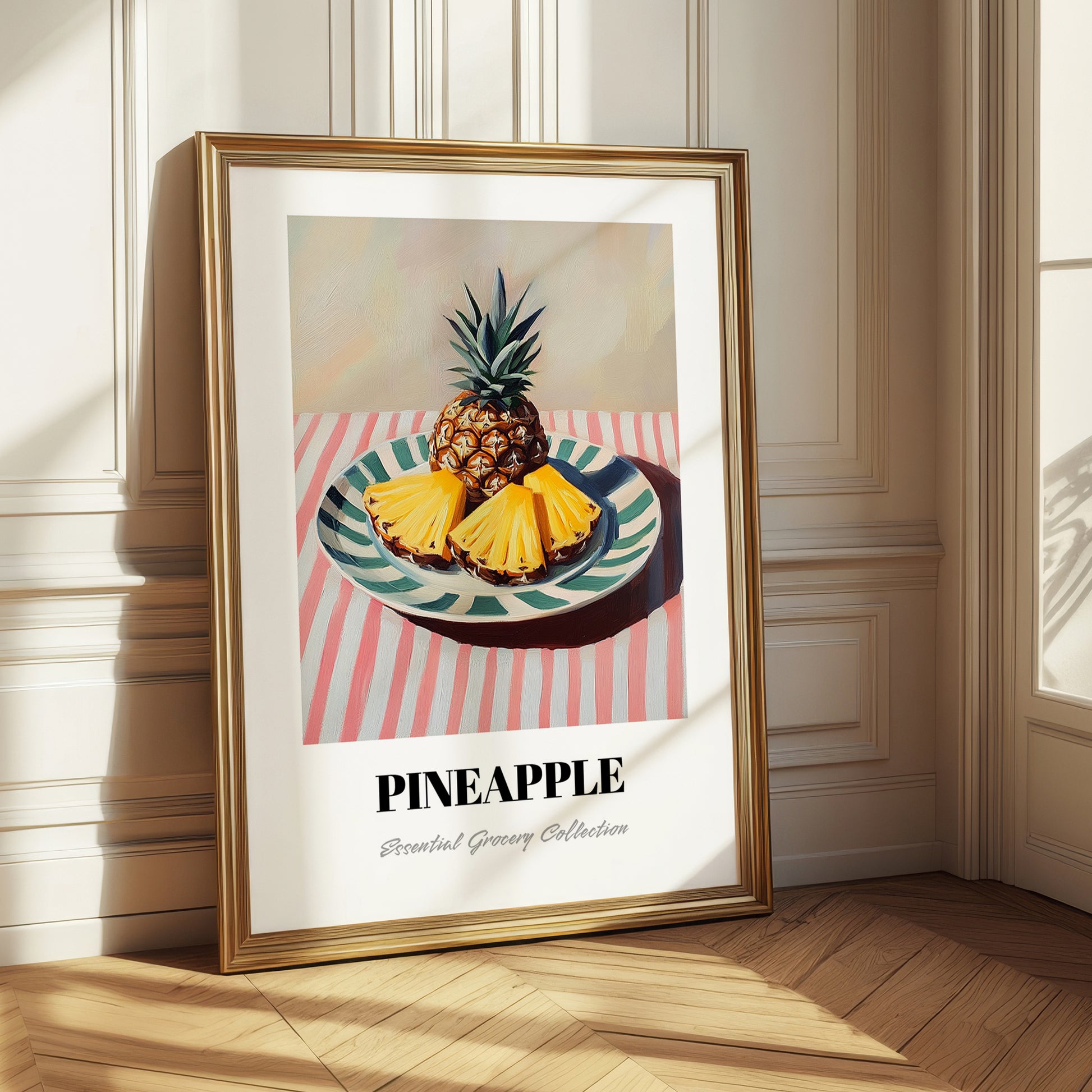 Pineapple – on Striped Tablecloth, Fruit Still Life