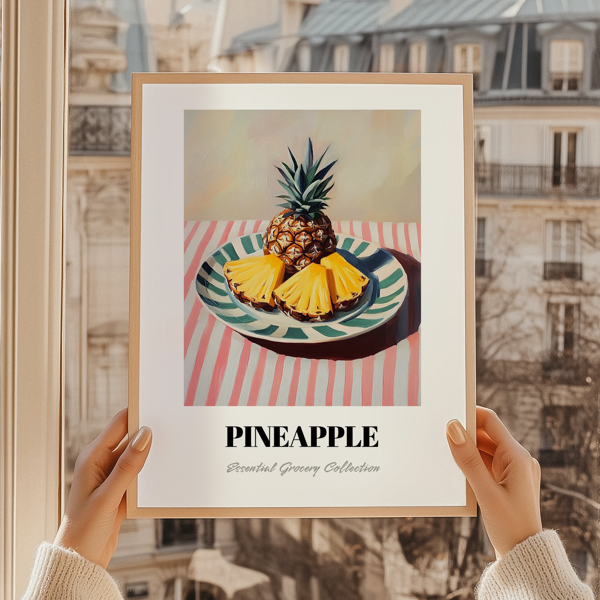 Pineapple – on Striped Tablecloth, Fruit Still Life, styled in a charming Paris street view