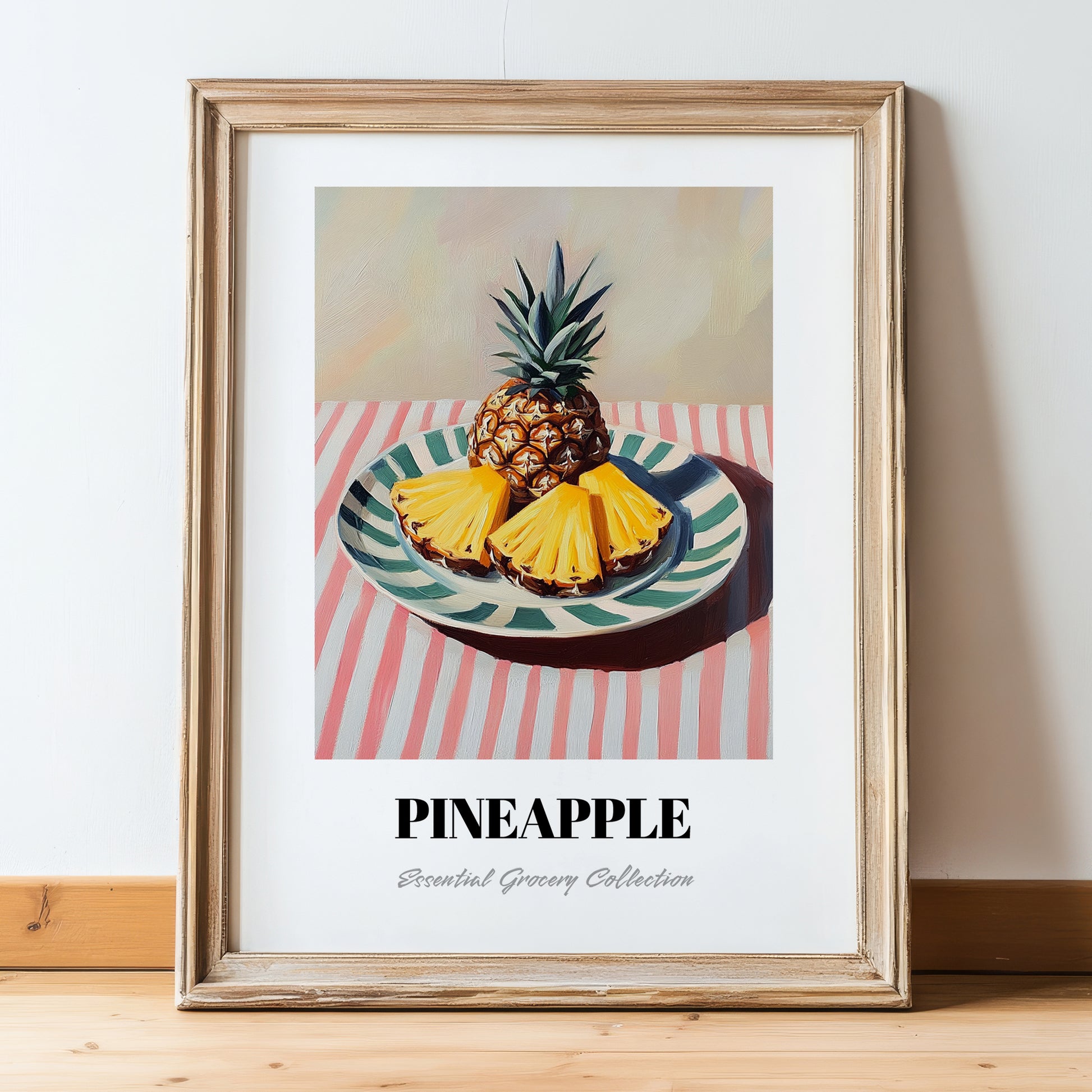 Pineapple – on Striped Tablecloth, Fruit Still Life, in wooden frame leaning on the floor