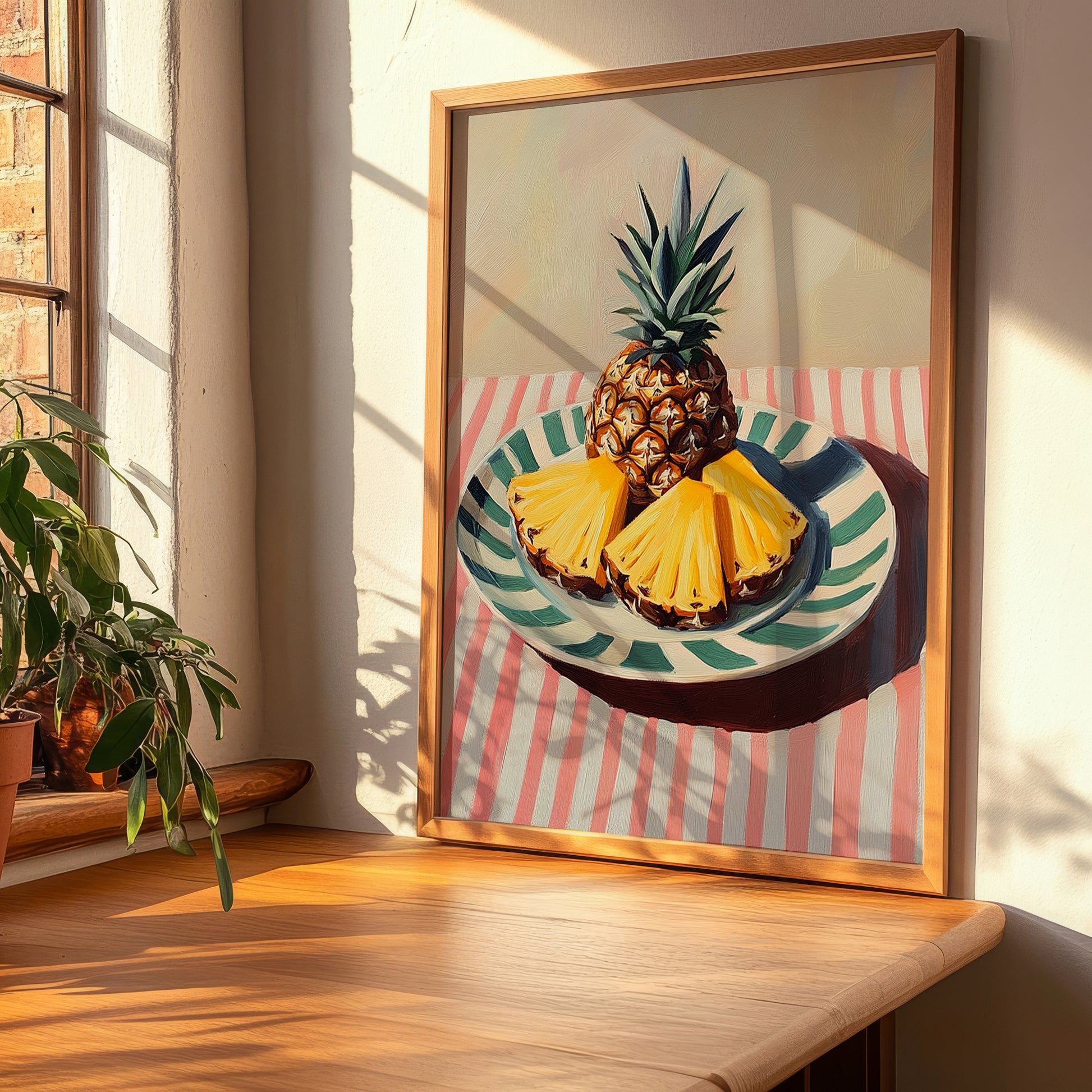 Pineapple – on Striped Tablecloth, Fruit Still Life, clean layout with no caption