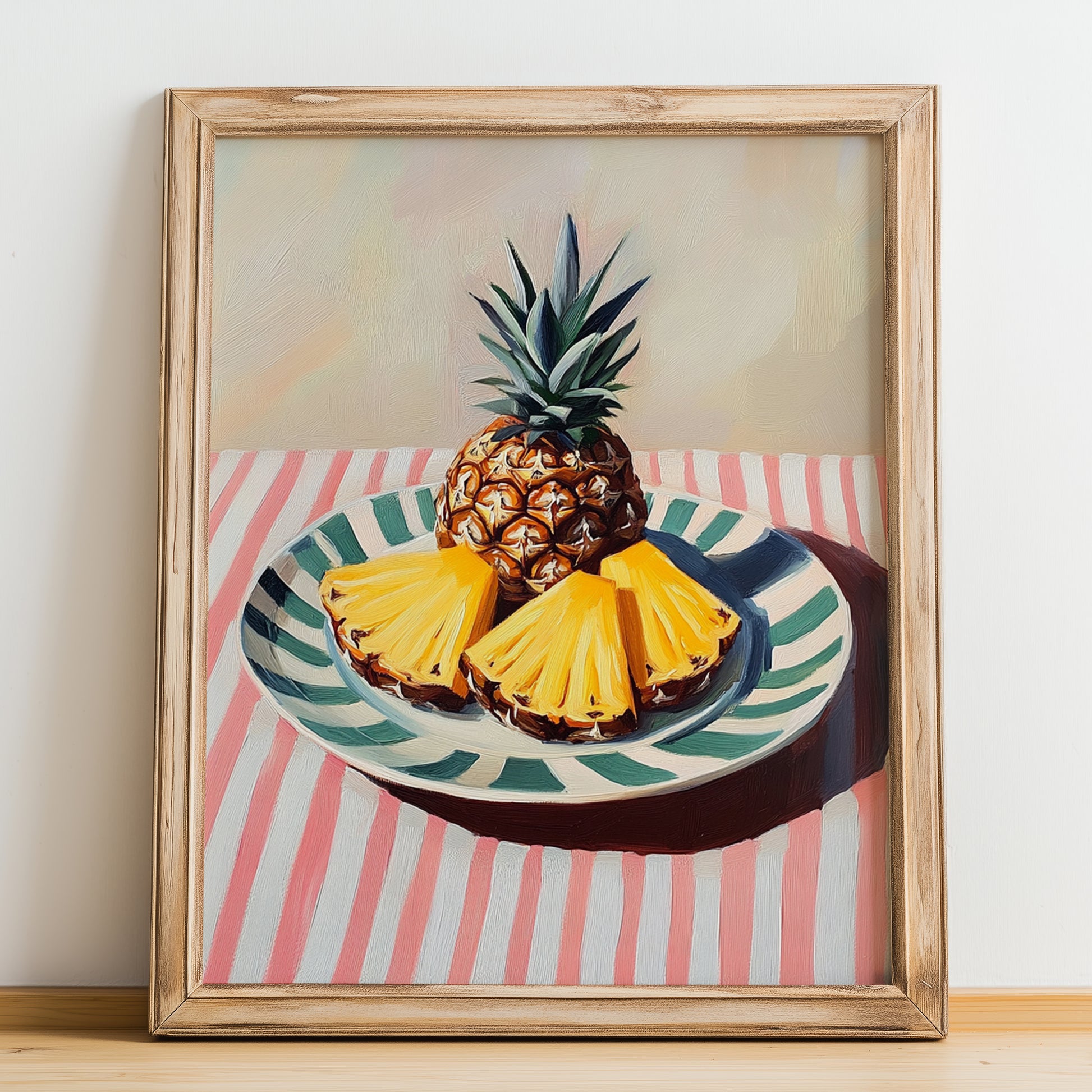Pineapple – on Striped Tablecloth, Fruit Still Life, no-text version framed in wood