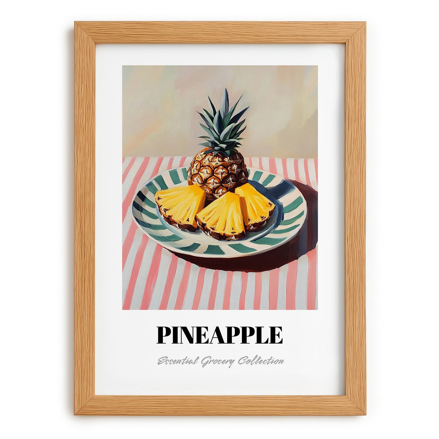 Pineapple – on Striped Tablecloth, Fruit Still Life, set in oak frame
