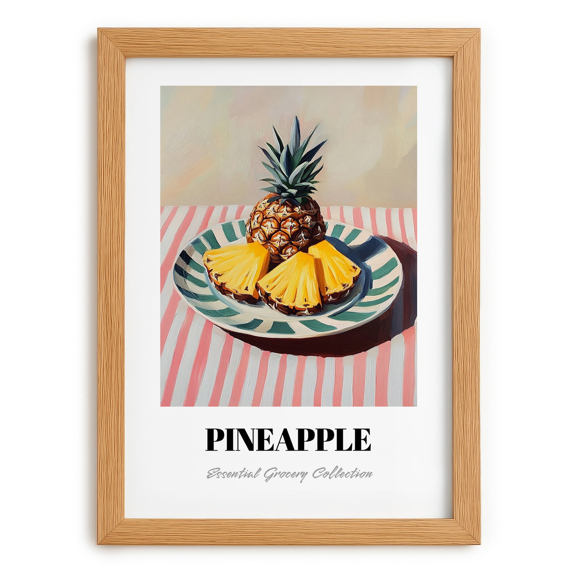 Pineapple – on Striped Tablecloth, Fruit Still Life, set in oak frame