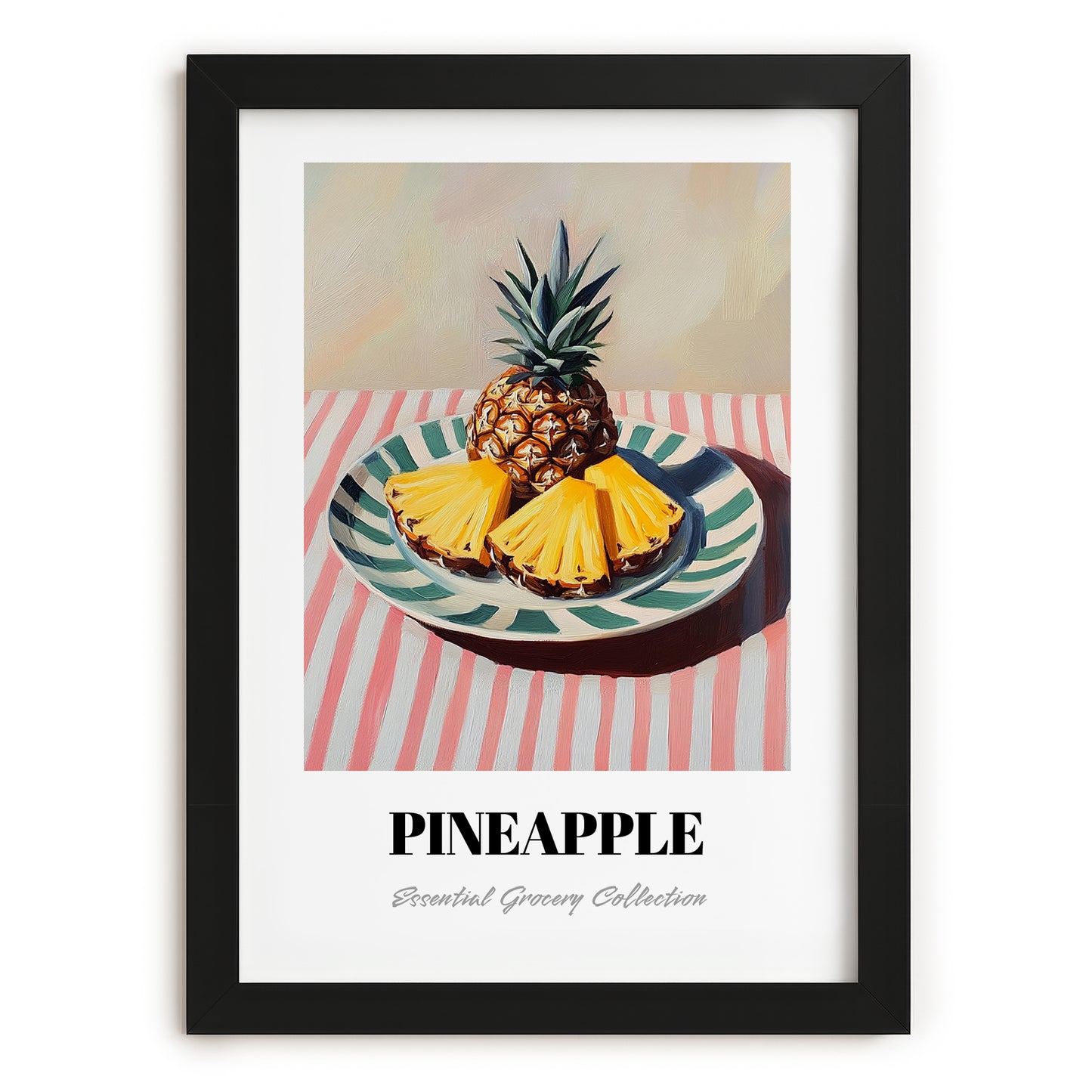 Pineapple – on Striped Tablecloth, Fruit Still Life, in sleek black frame