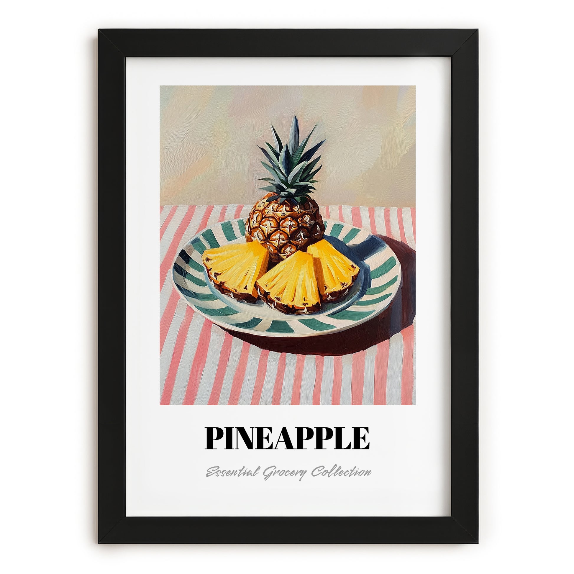 Pineapple – on Striped Tablecloth, Fruit Still Life, in sleek black frame