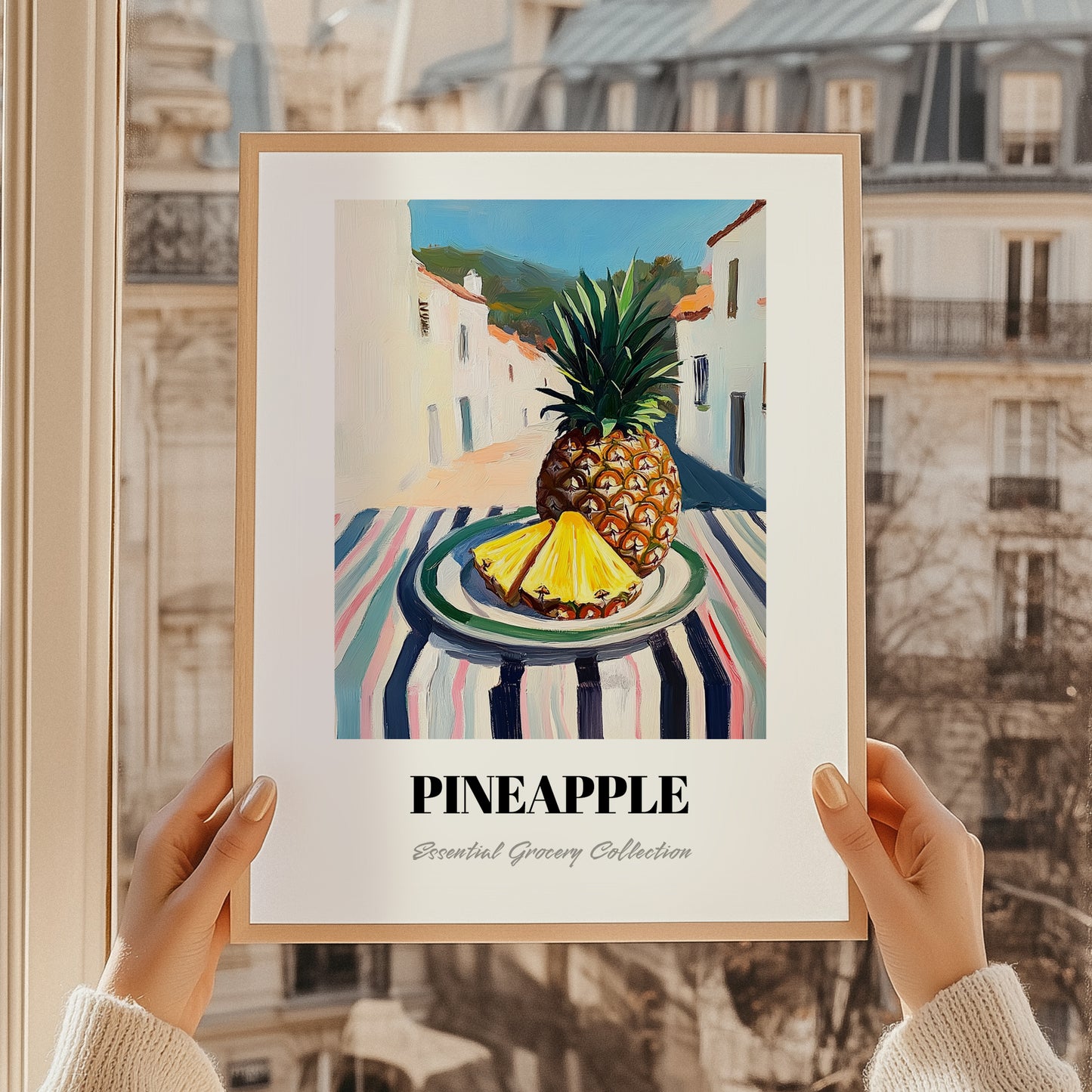 Pineapple – White village Urban Café Scene, Fruit Painting, styled in a charming Paris street view
