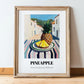 Pineapple – White village Urban Café Scene, Fruit Painting, in wooden frame leaning on the floor