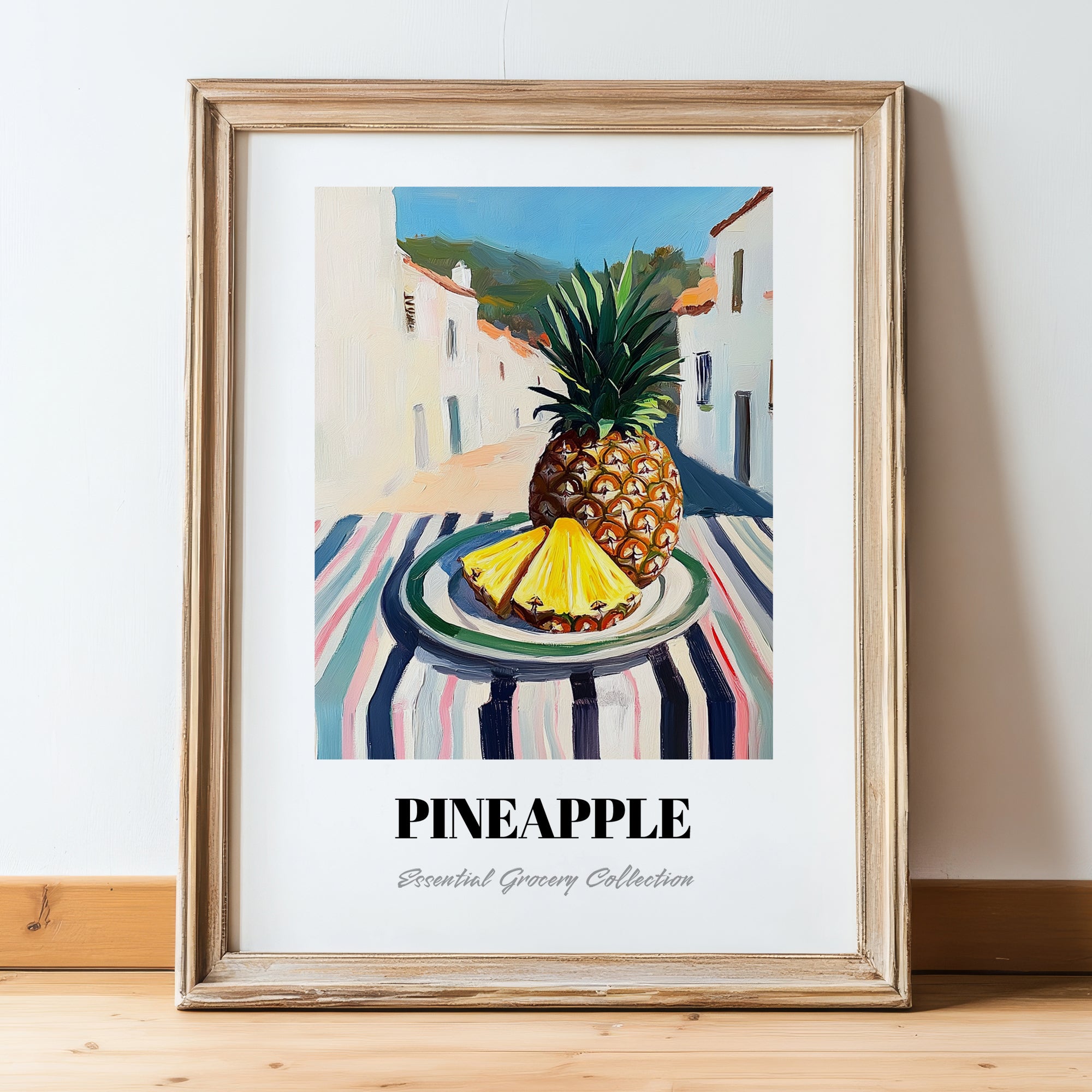 Pineapple – White village Urban Café Scene, Fruit Painting, in wooden frame leaning on the floor