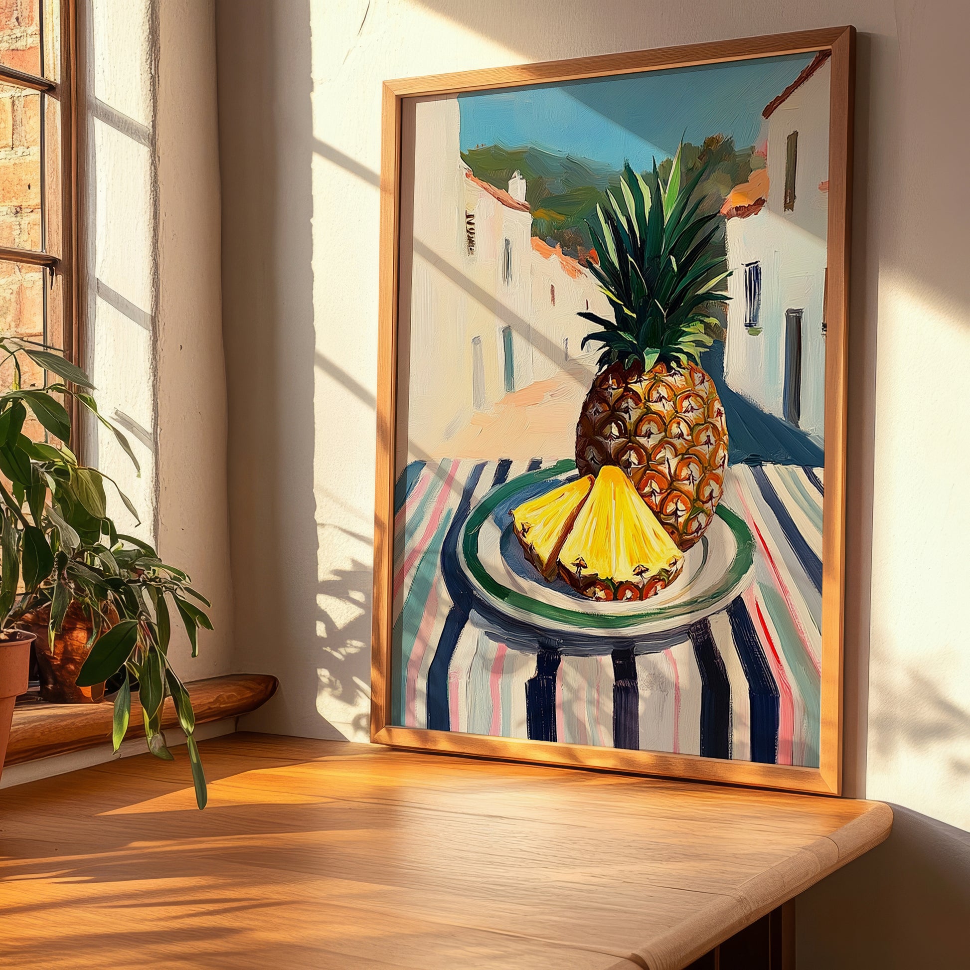 Pineapple – White village Urban Café Scene, Fruit Painting, clean layout with no caption