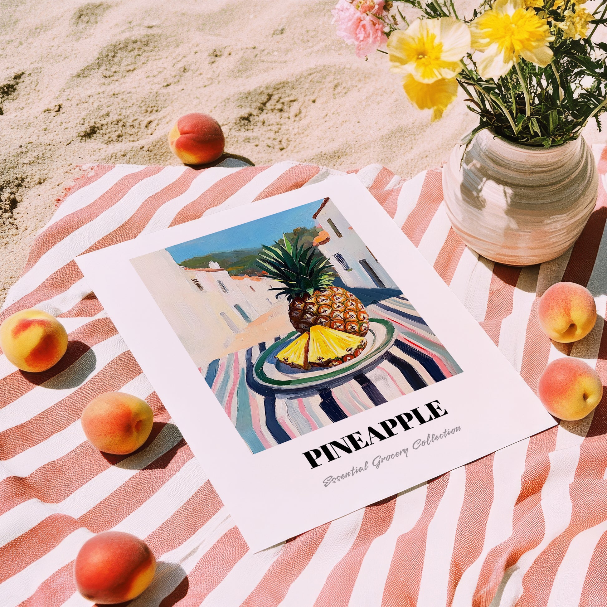 Pineapple – White village Urban Café Scene, Fruit Painting, unframed on coastal sand
