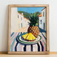 Pineapple – White village Urban Café Scene, Fruit Painting, no-text version framed in wood