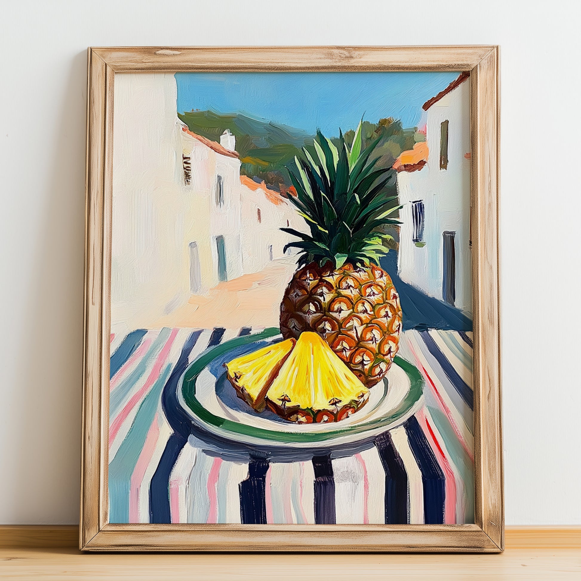 Pineapple – White village Urban Café Scene, Fruit Painting, no-text version framed in wood