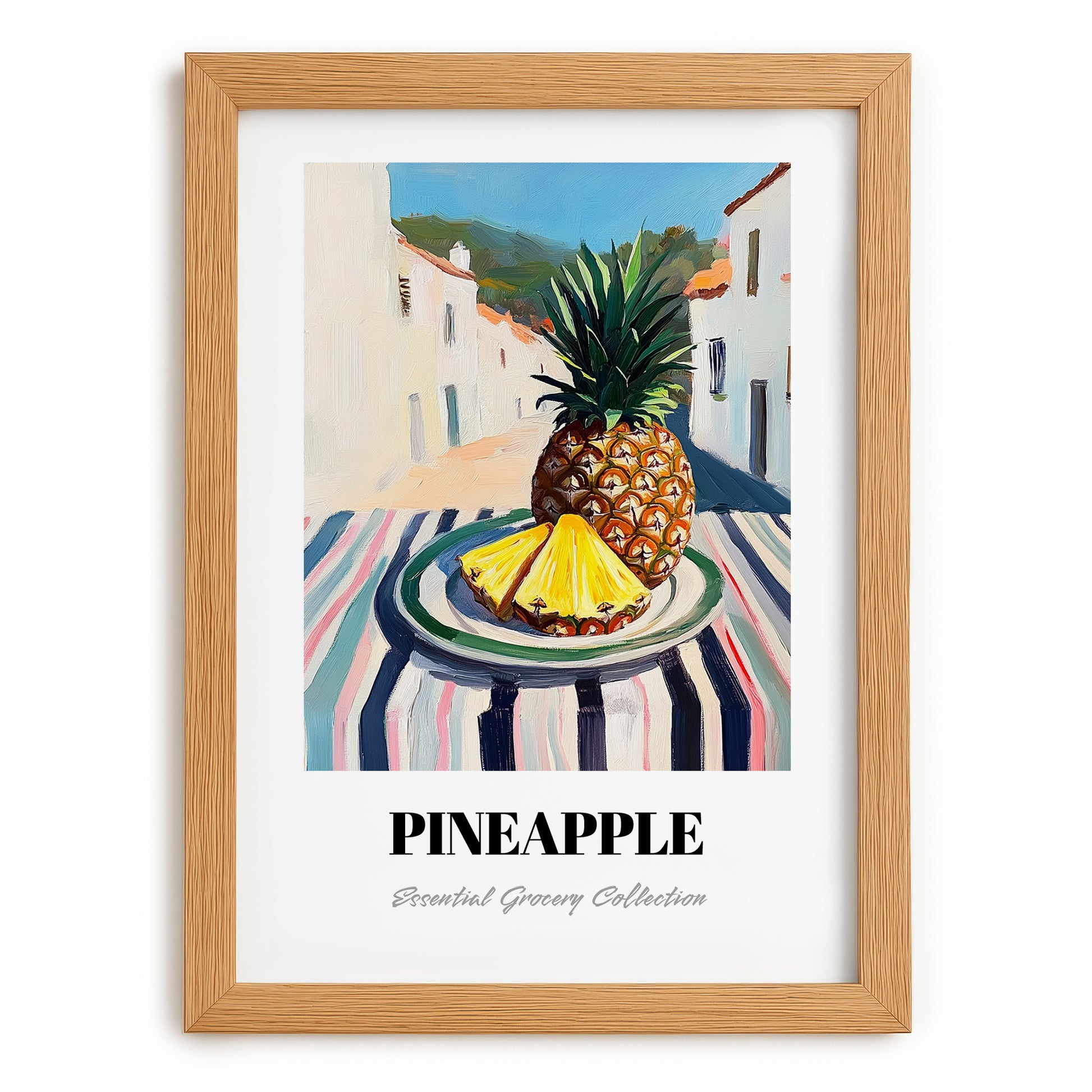 Pineapple – White village Urban Café Scene, Fruit Painting, set in oak frame