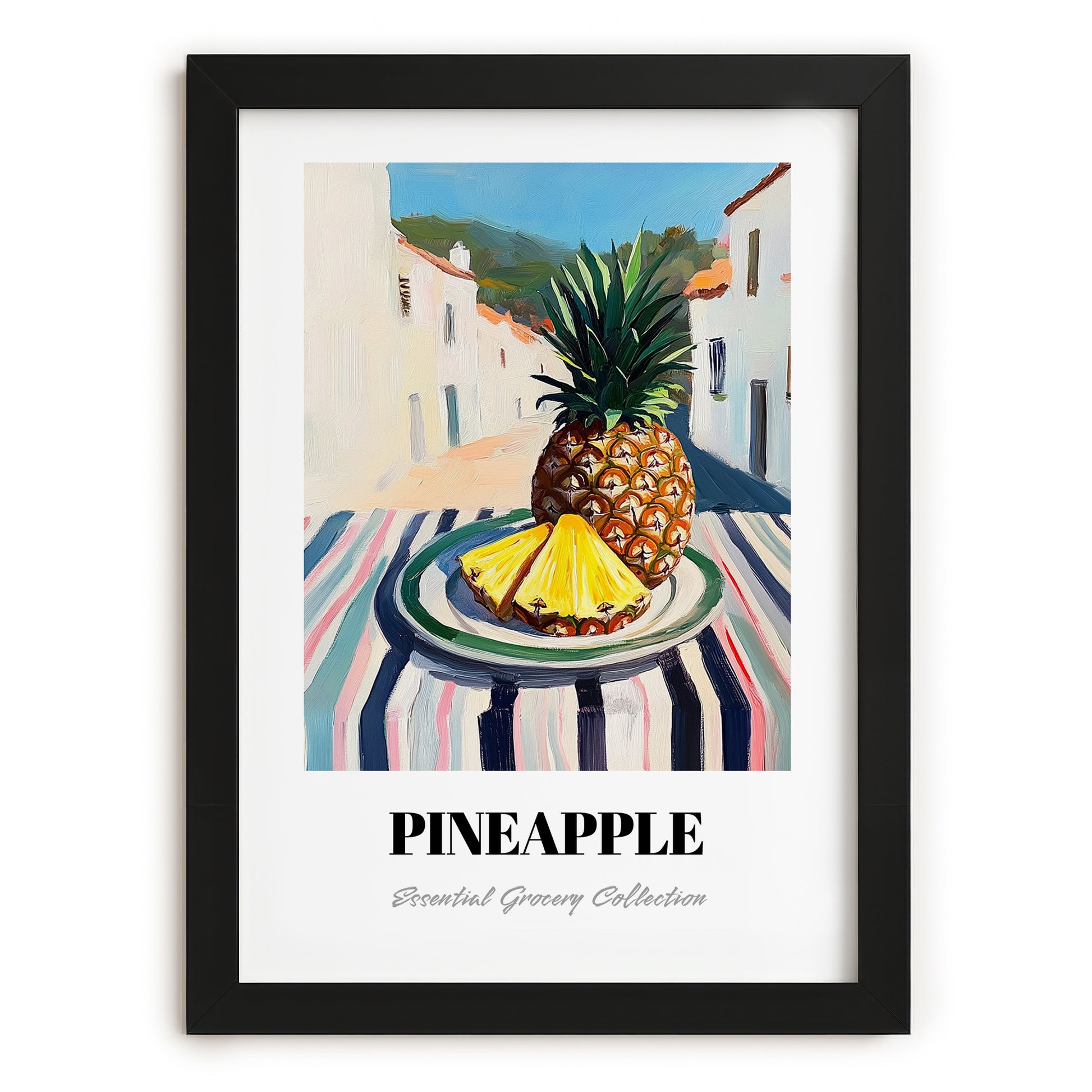 Pineapple – White village Urban Café Scene, Fruit Painting, in sleek black frame