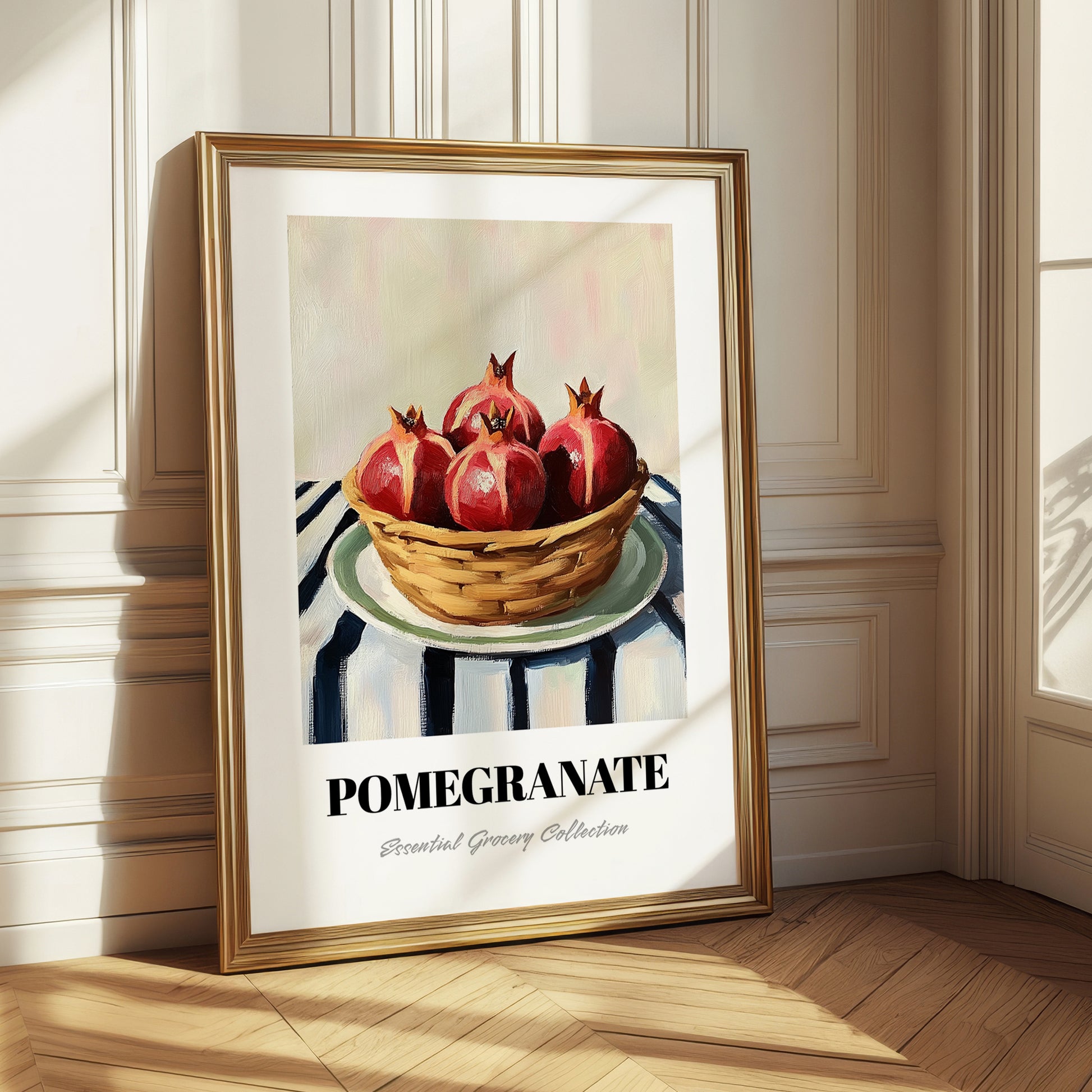 Pomegranate – on Striped Tablecloth, Fruit Illustration