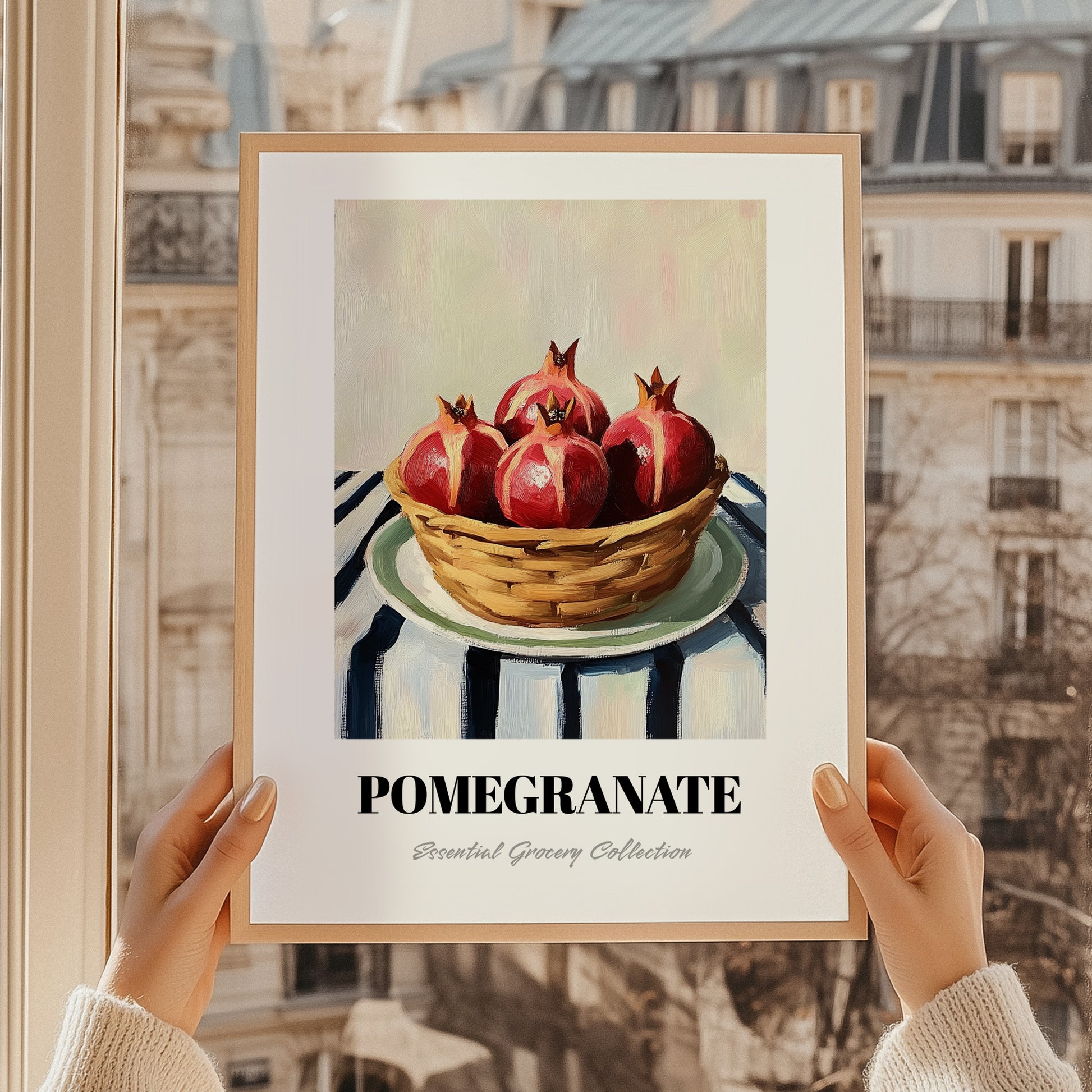 Pomegranate – on Striped Tablecloth, Fruit Illustration, styled in a charming Paris street view