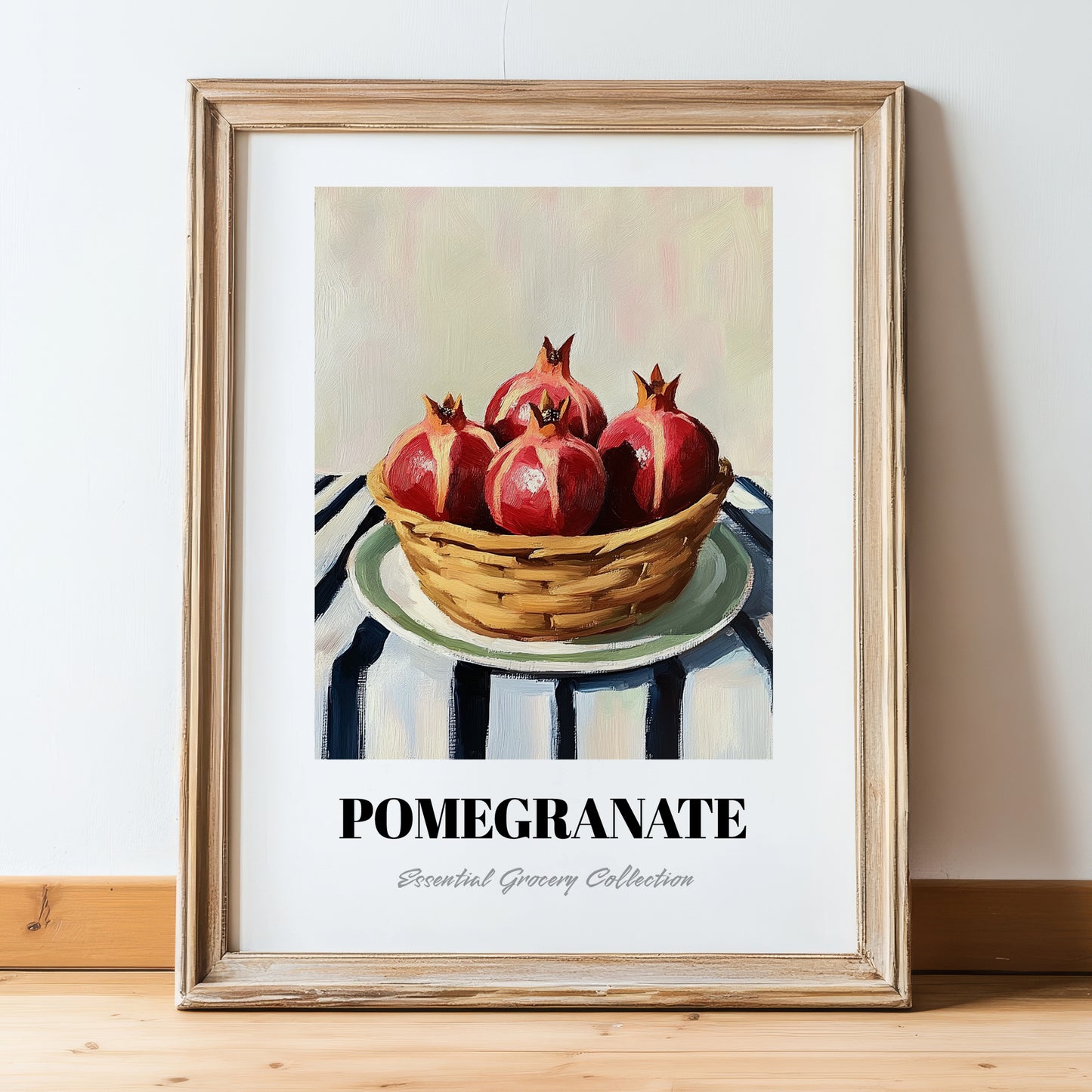 Pomegranate – on Striped Tablecloth, Fruit Illustration, in wooden frame leaning on the floor