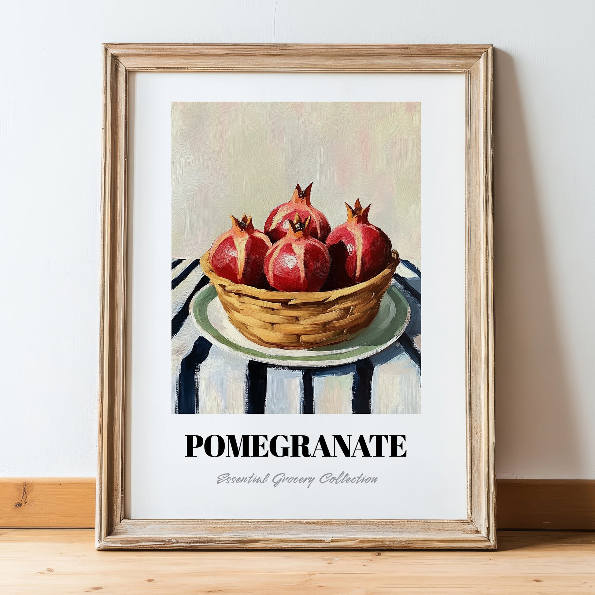 Pomegranate – on Striped Tablecloth, Fruit Illustration, in wooden frame leaning on the floor