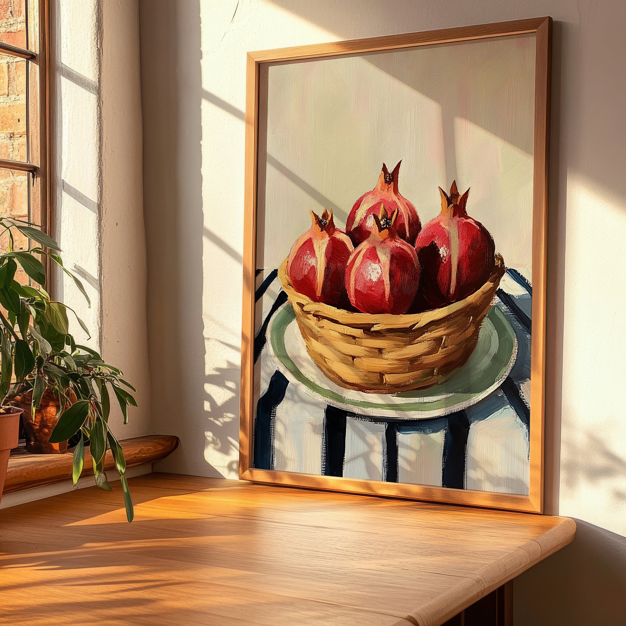 Pomegranate – on Striped Tablecloth, Fruit Illustration, clean layout with no caption