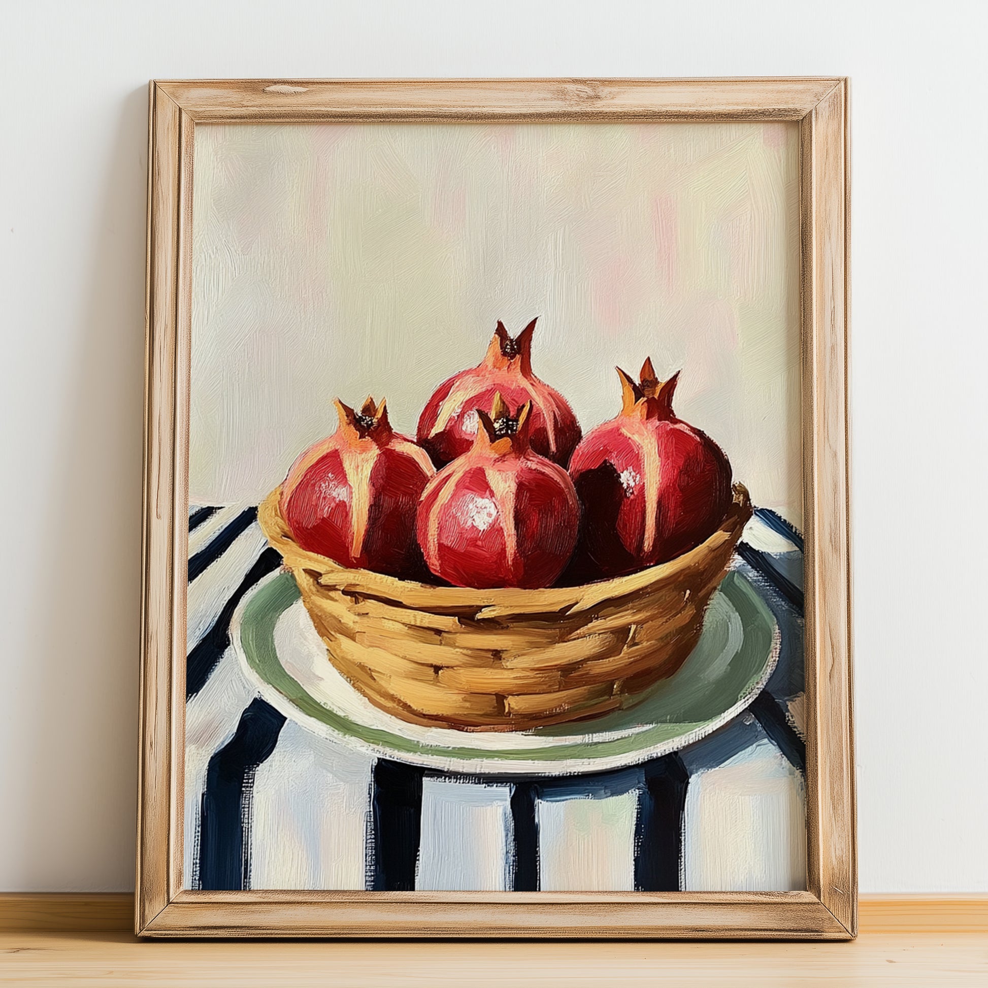 Pomegranate – on Striped Tablecloth, Fruit Illustration, no-text version framed in wood