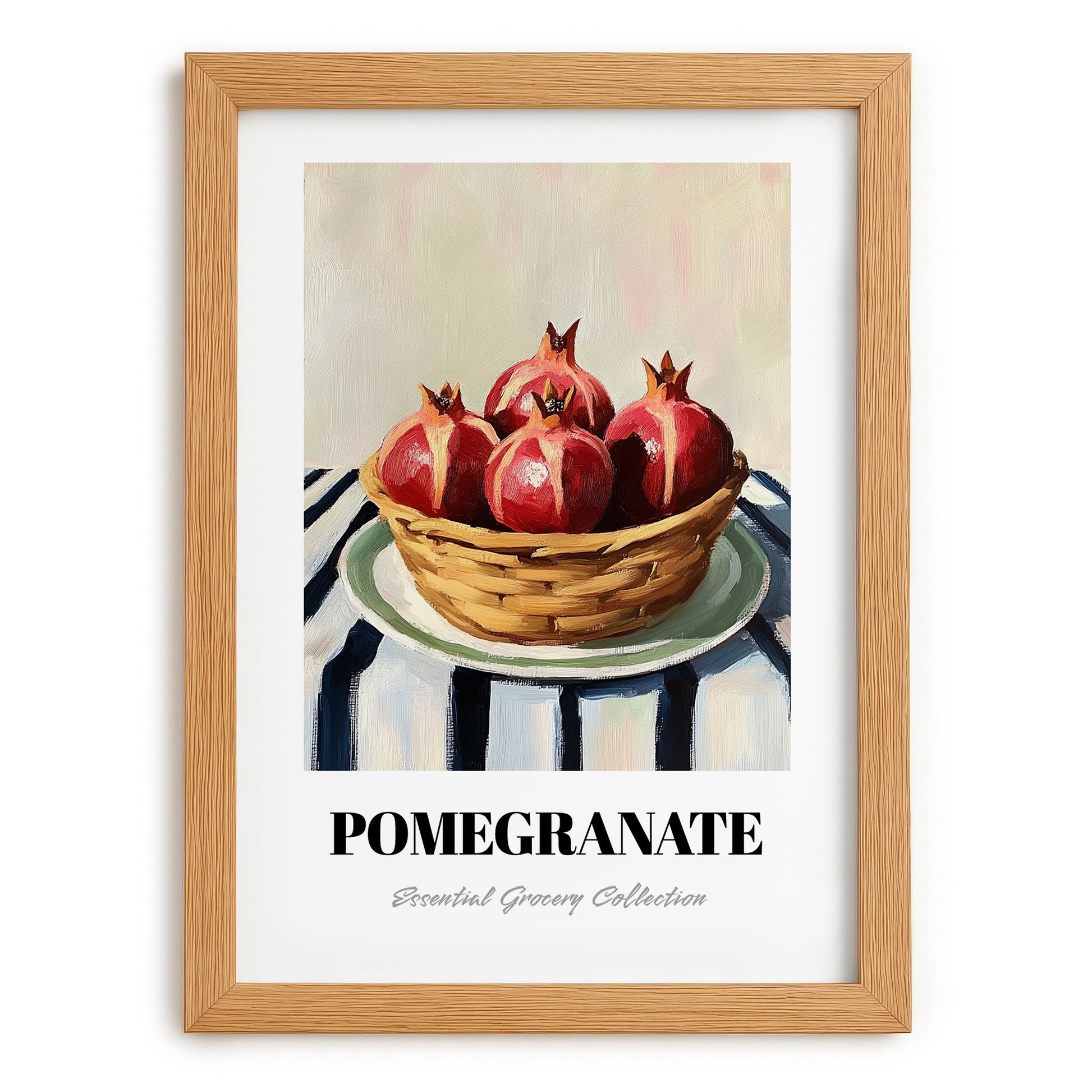 Pomegranate – on Striped Tablecloth, Fruit Illustration, set in oak frame