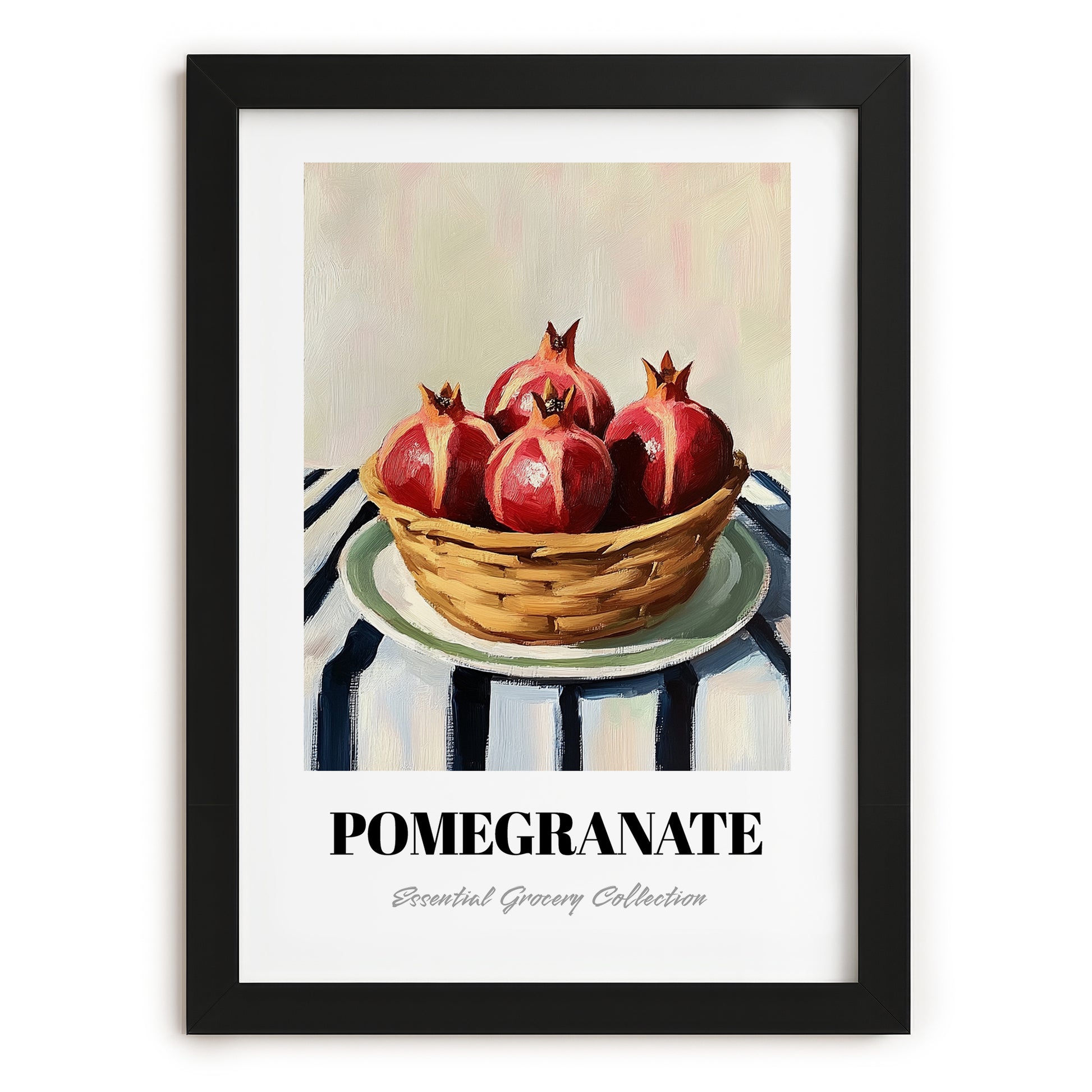 Pomegranate – on Striped Tablecloth, Fruit Illustration, in sleek black frame