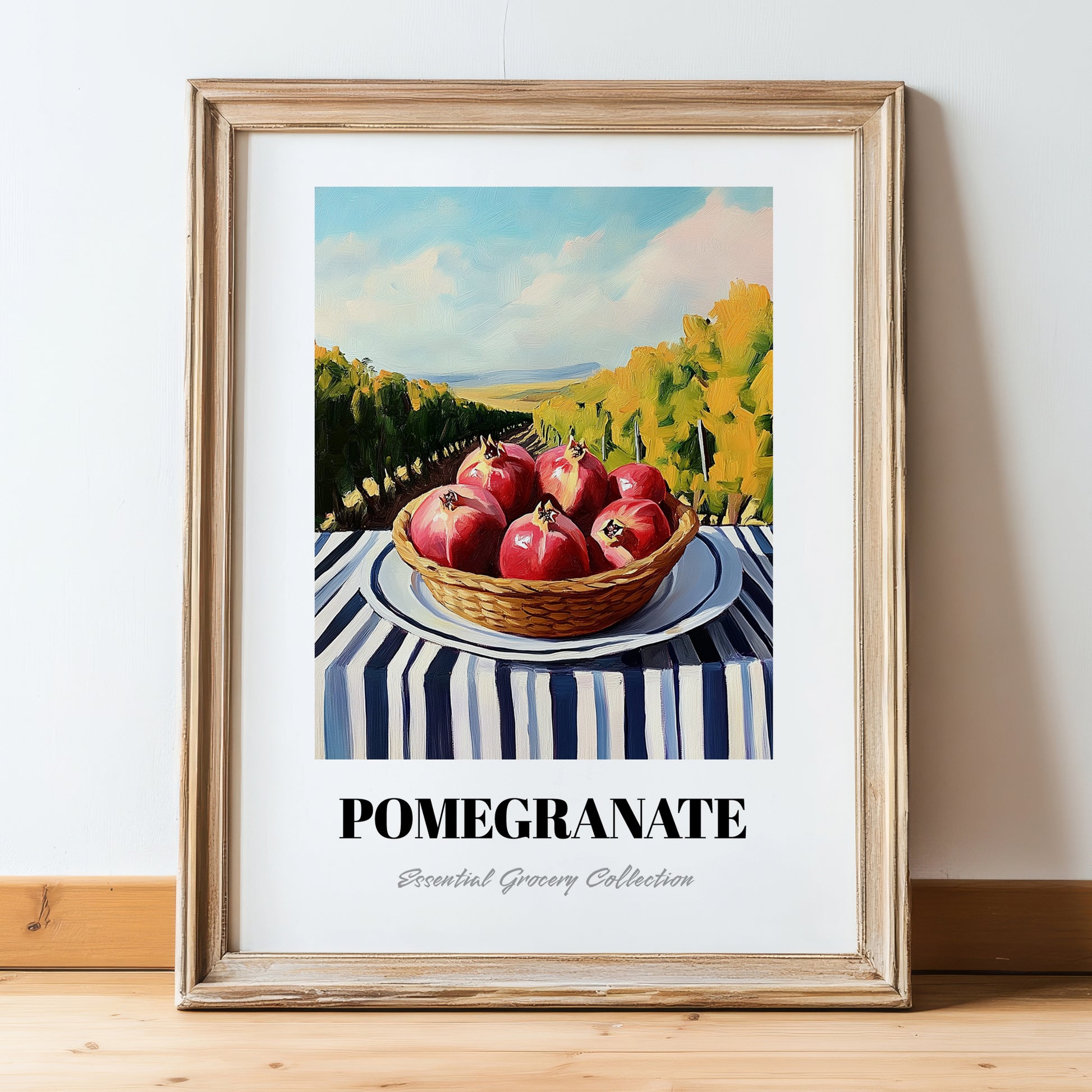 Pomegranate – Green Valley Landscape, Fruit Wall Decor, in wooden frame leaning on the floor