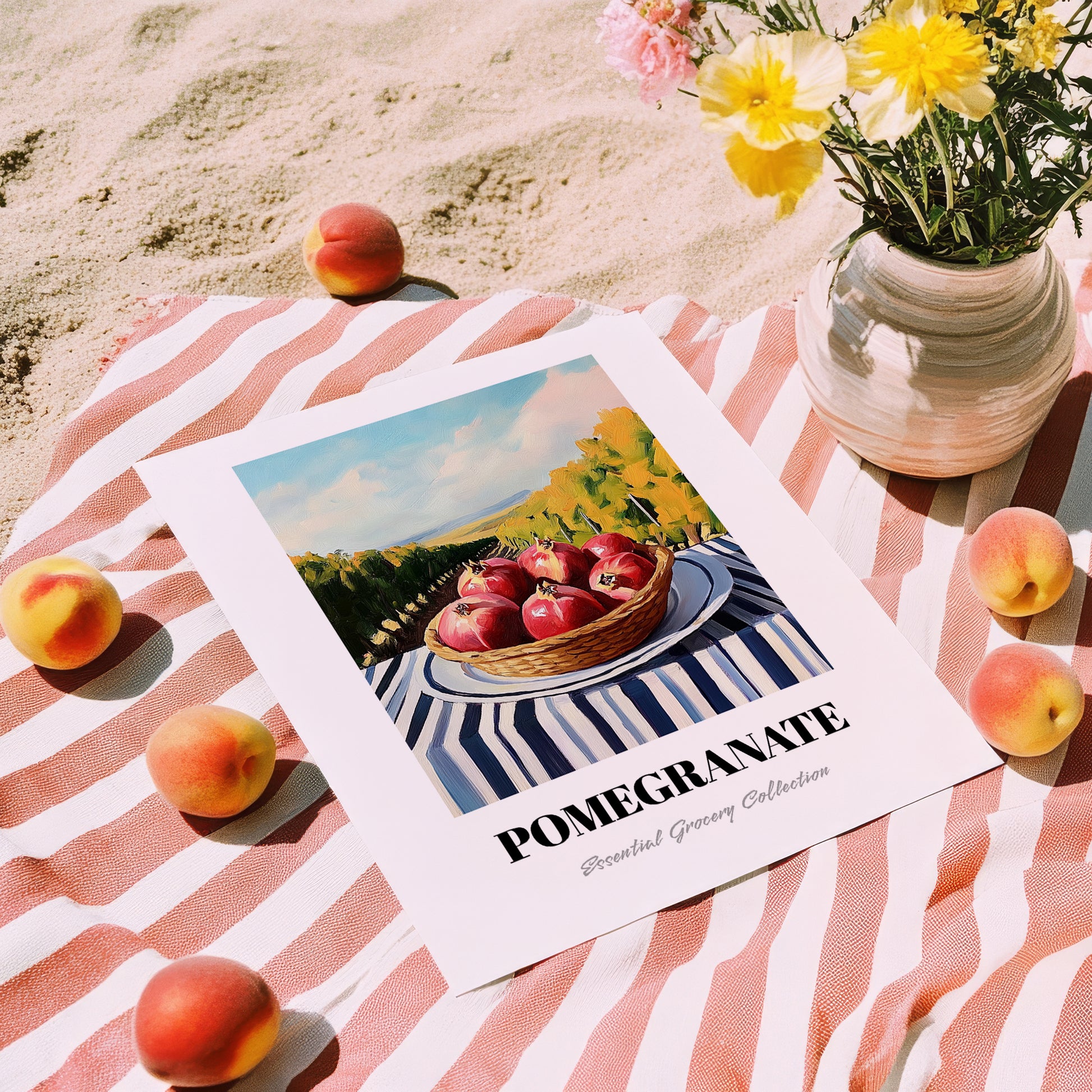 Pomegranate – Green Valley Landscape, Fruit Wall Decor, unframed on coastal sand