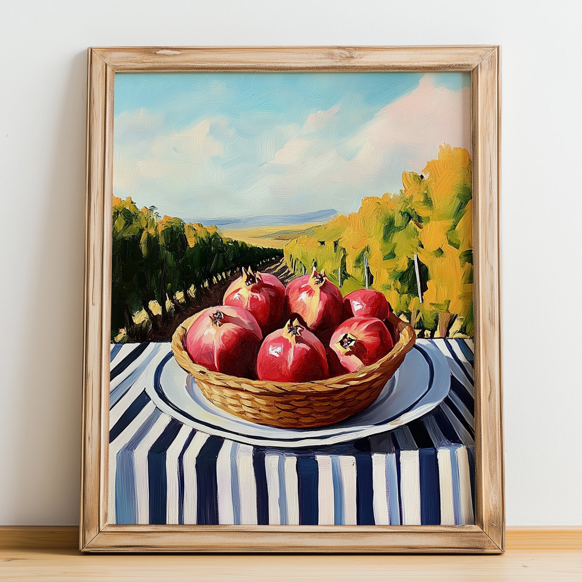 Pomegranate – Green Valley Landscape, Fruit Wall Decor, no-text version framed in wood