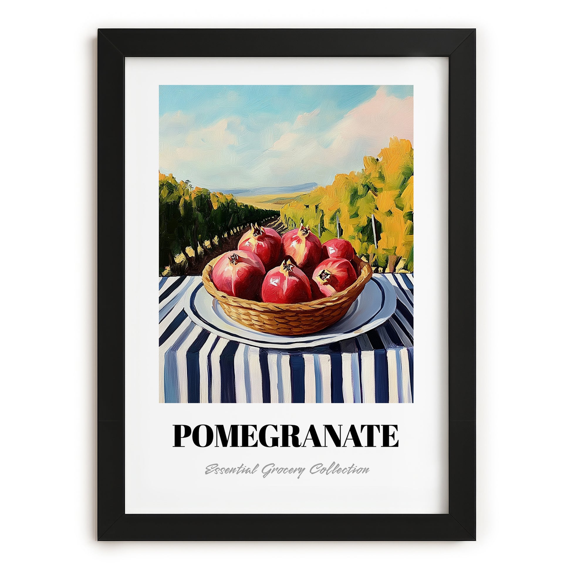 Pomegranate – Green Valley Landscape, Fruit Wall Decor, in sleek black frame