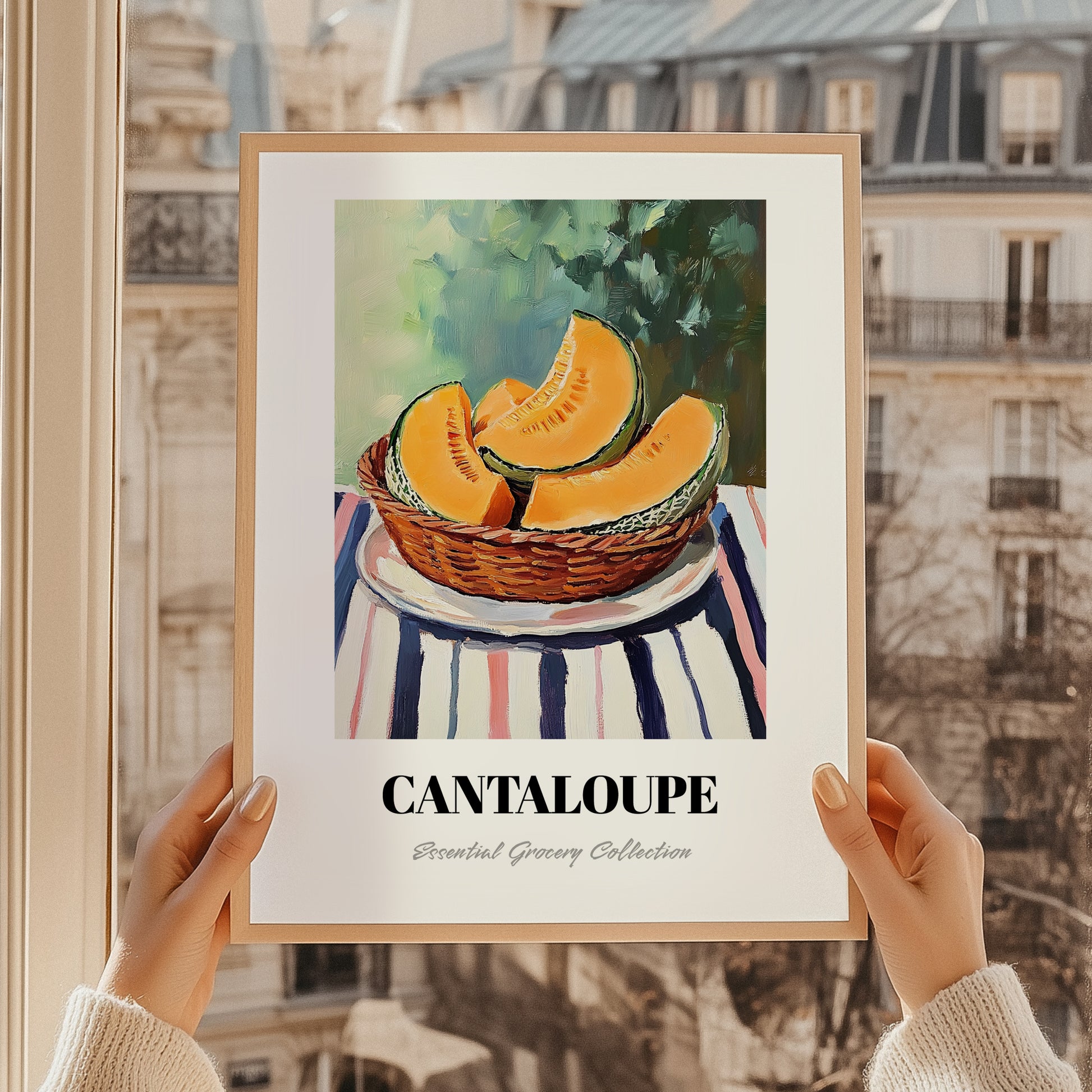 Cantaloupe – on Striped Tablecloth, Fruit Wall Decor, styled in a charming Paris street view