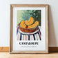 Cantaloupe – on Striped Tablecloth, Fruit Wall Decor, in wooden frame leaning on the floor