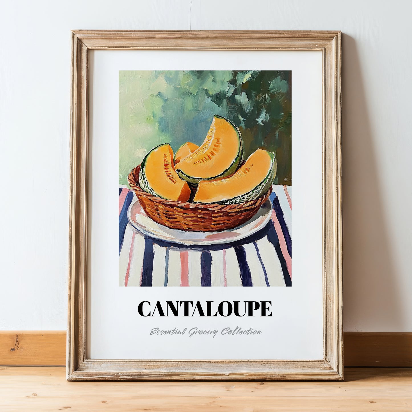 Cantaloupe – on Striped Tablecloth, Fruit Wall Decor, in wooden frame leaning on the floor