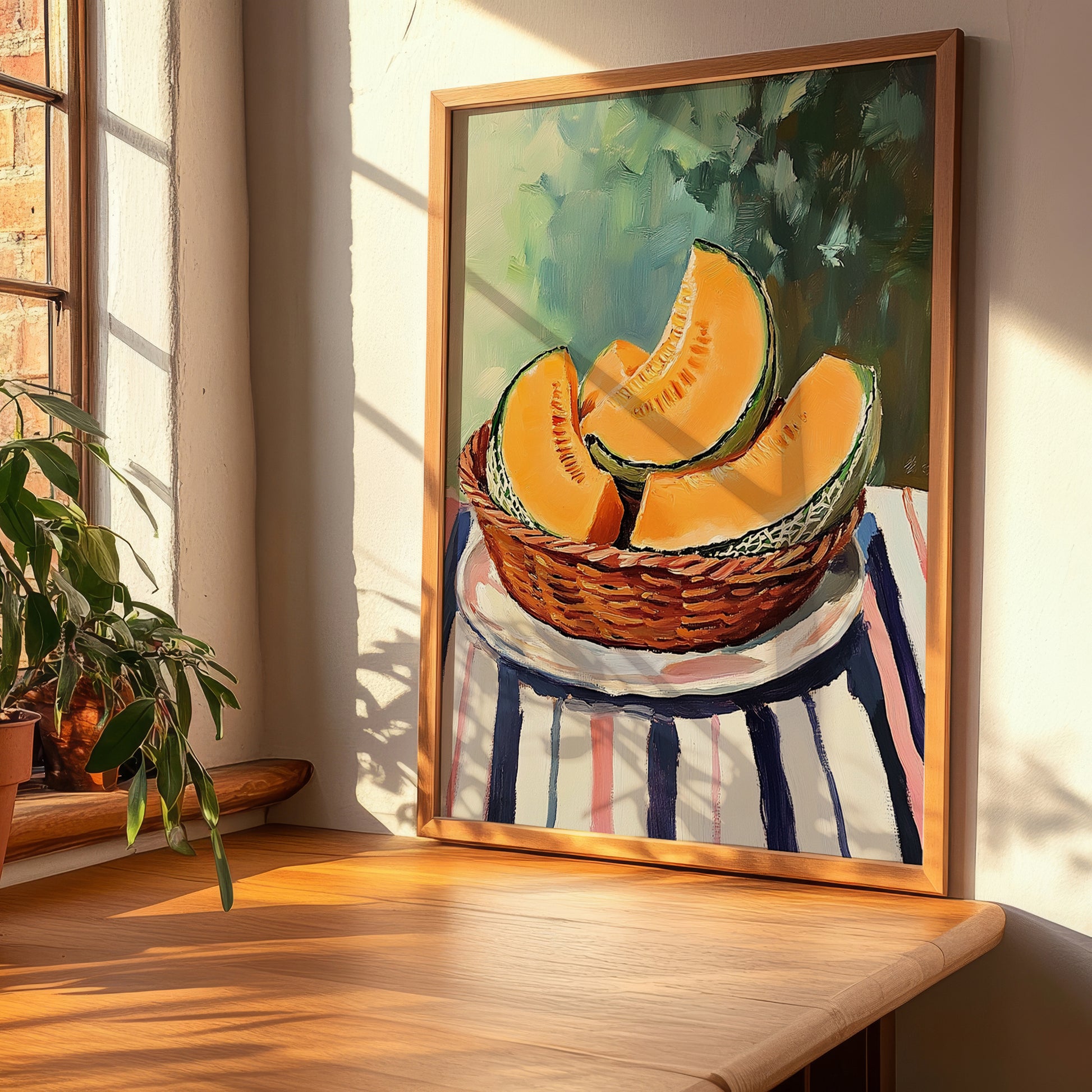 Cantaloupe – on Striped Tablecloth, Fruit Wall Decor, clean layout with no caption