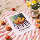 Cantaloupe – on Striped Tablecloth, Fruit Wall Decor, unframed on coastal sand