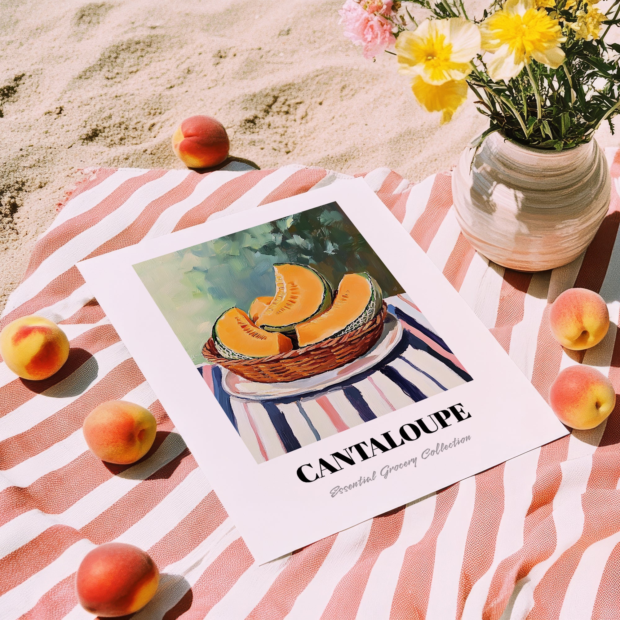 Cantaloupe – on Striped Tablecloth, Fruit Wall Decor, unframed on coastal sand