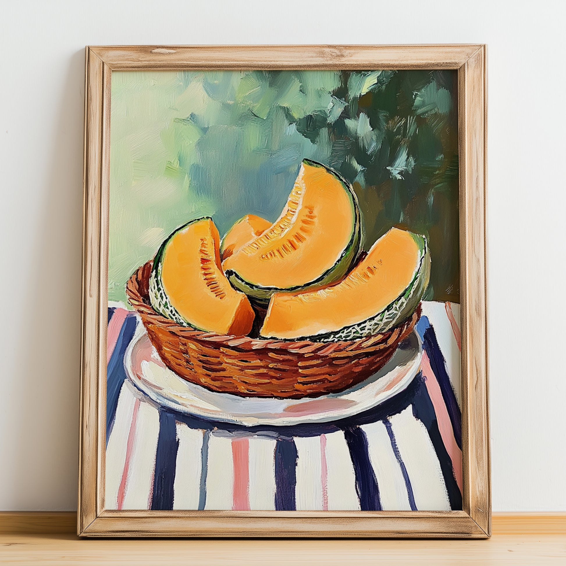 Cantaloupe – on Striped Tablecloth, Fruit Wall Decor, no-text version framed in wood