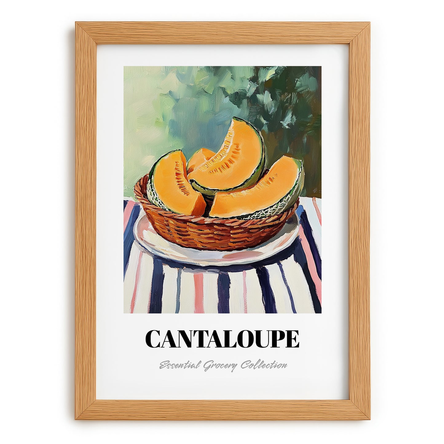 Cantaloupe – on Striped Tablecloth, Fruit Wall Decor, set in oak frame