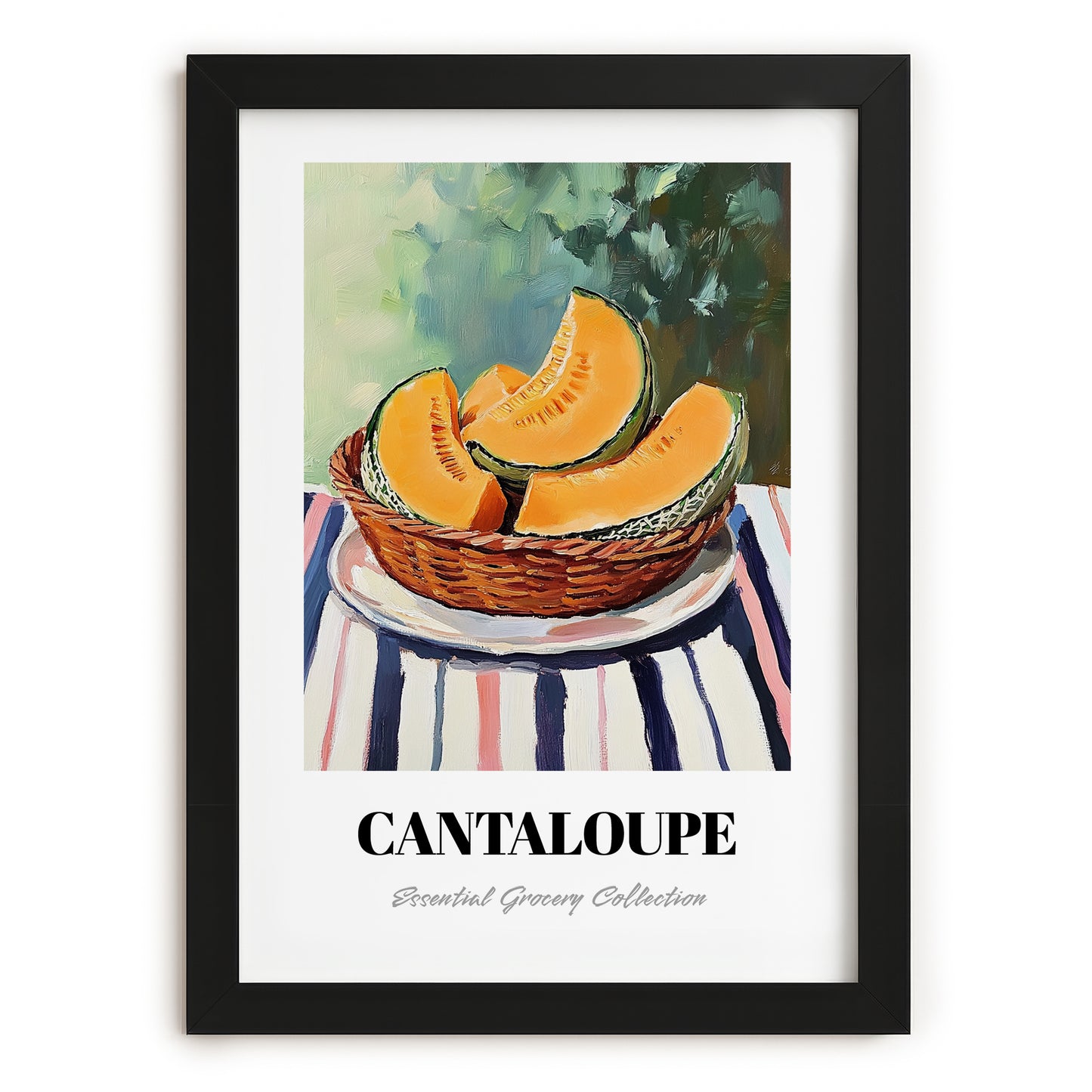 Cantaloupe – on Striped Tablecloth, Fruit Wall Decor, in sleek black frame